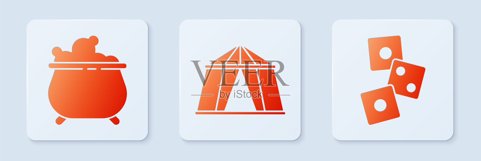 设置马戏团帐篷，女巫坩埚和游戏骰子。白色正方形按钮。向量插画图片素材