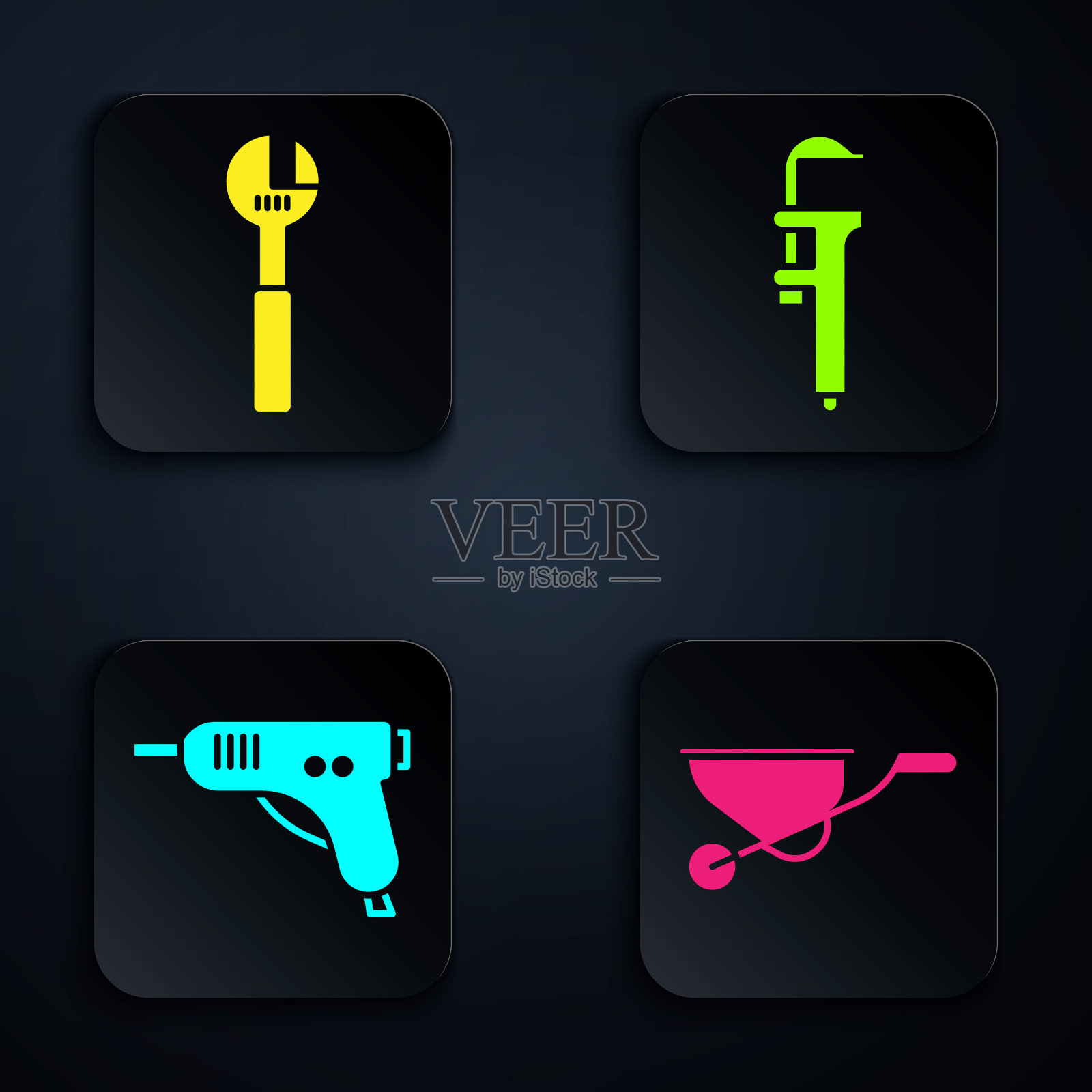 配备手推车，活动扳手，电热胶枪和卡尺或卡尺和秤。黑色方形按钮。向量图标素材