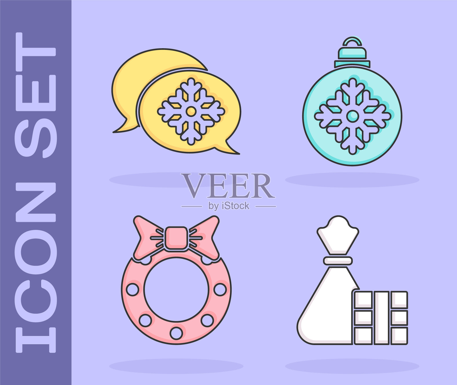 套装礼盒及包，雪花气泡，圣诞花环及圣诞球图标。向量图标素材