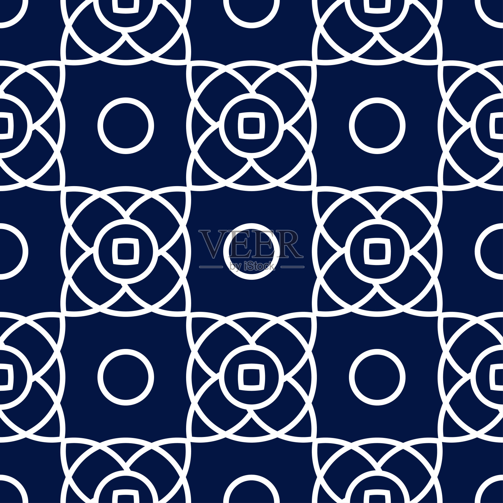 几何无缝模式。深蓝色背景上的白色圆形图案插画图片素材