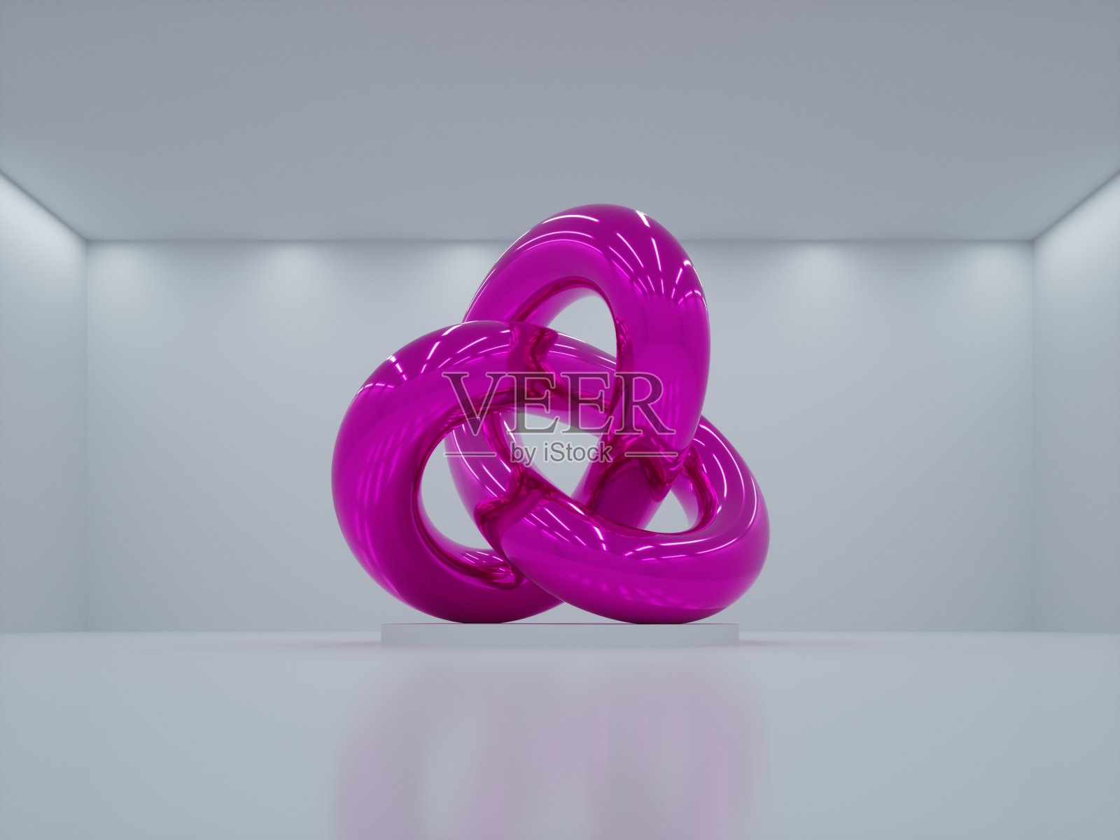 3d渲染，抽象的几何形状，光滑的金属打结环面，闪光的粉色铬物体孤立在白色背景照片摄影图片