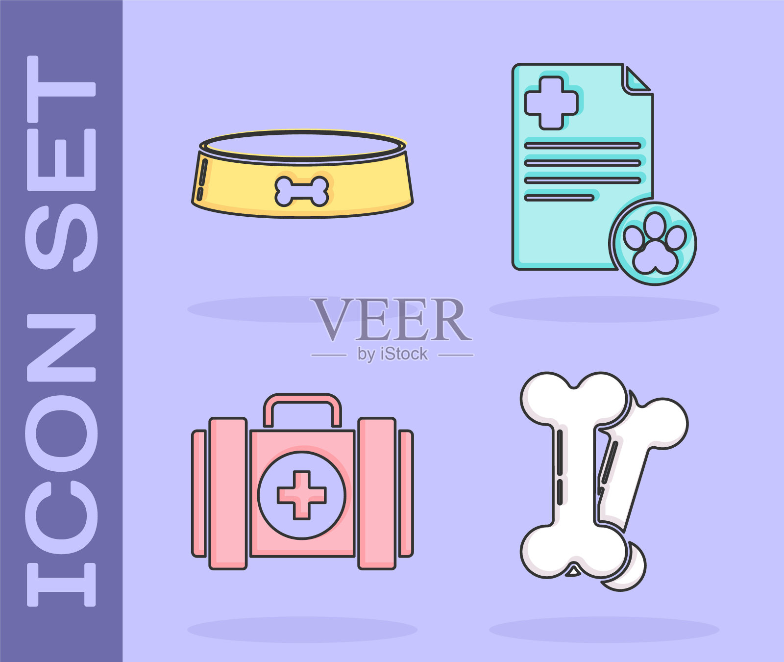 设置狗骨头，宠物食品碗，宠物急救箱和剪贴板与医疗临床记录宠物图标。向量图标素材