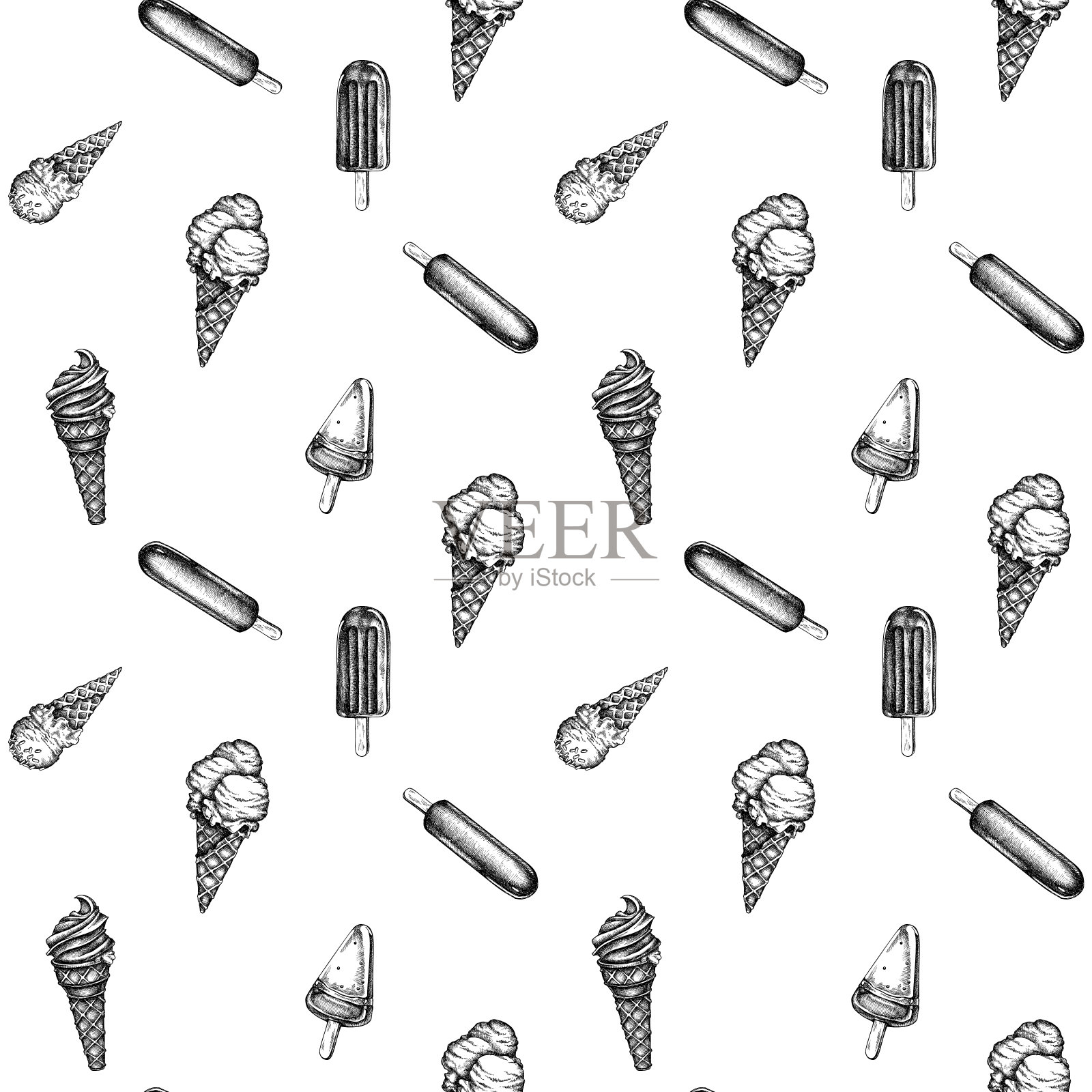 无缝图案有黑白冰棒冰淇淋、甜筒冰淇淋设计元素图片
