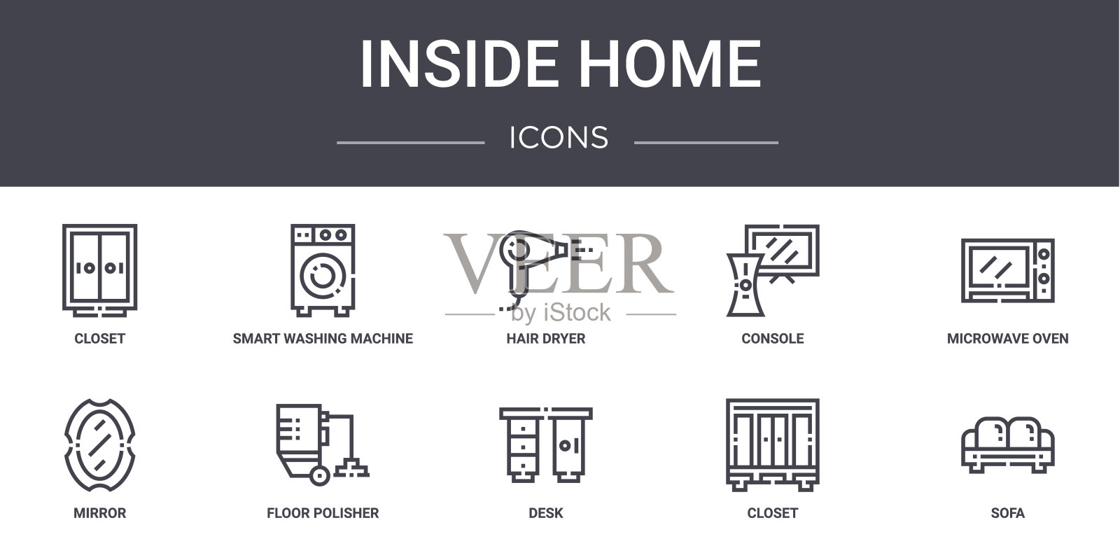 在家里的概念线图标设置。包含图标，可用于web，标志，用户界面/用户体验，如智能洗衣机，控制台，镜子，书桌，壁橱，沙发，微波炉，吹风机图标素材