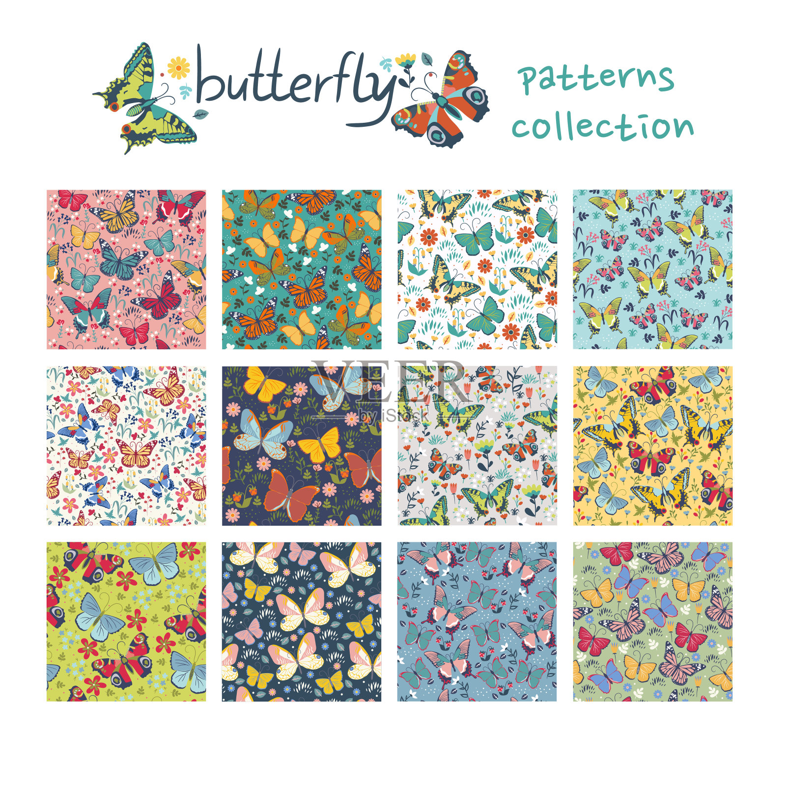 收集了大量无缝的蝴蝶图案。矢量图形。插画图片素材