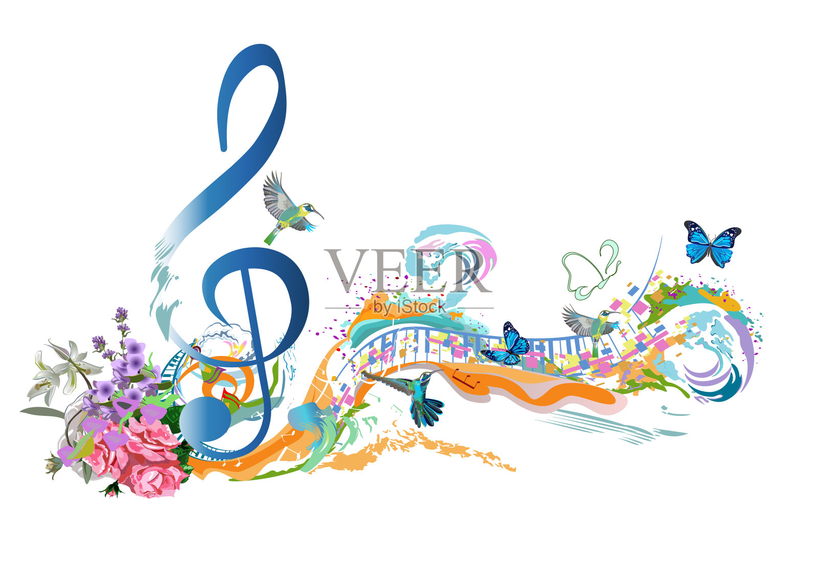 抽象的音乐设计与高音谱号和彩色飞溅，鸟，蝴蝶，音符和波浪。插画图片素材