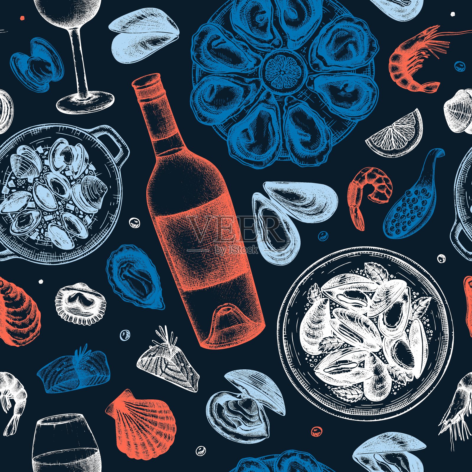 海鲜和葡萄酒插图无缝模式。插画图片素材