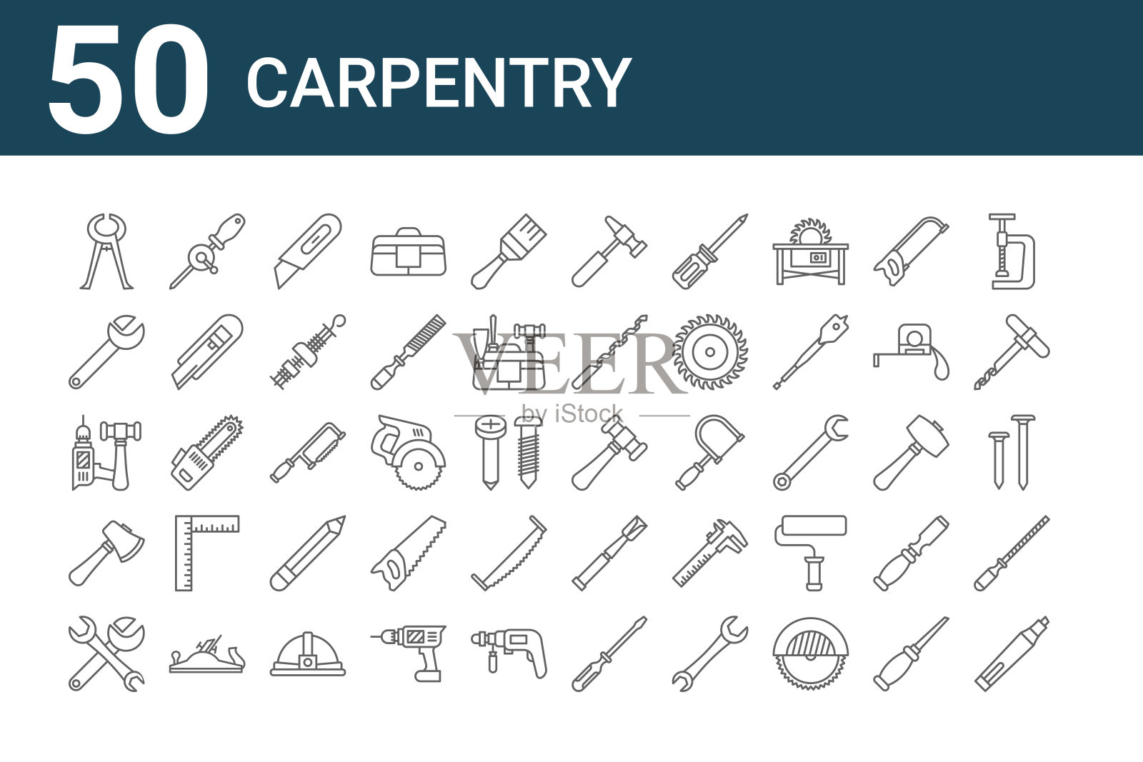 一套50个木工图标。勾勒出细线图标，如记号笔、修理工具、斧头、工具、扳手、手钻、锤子图标素材