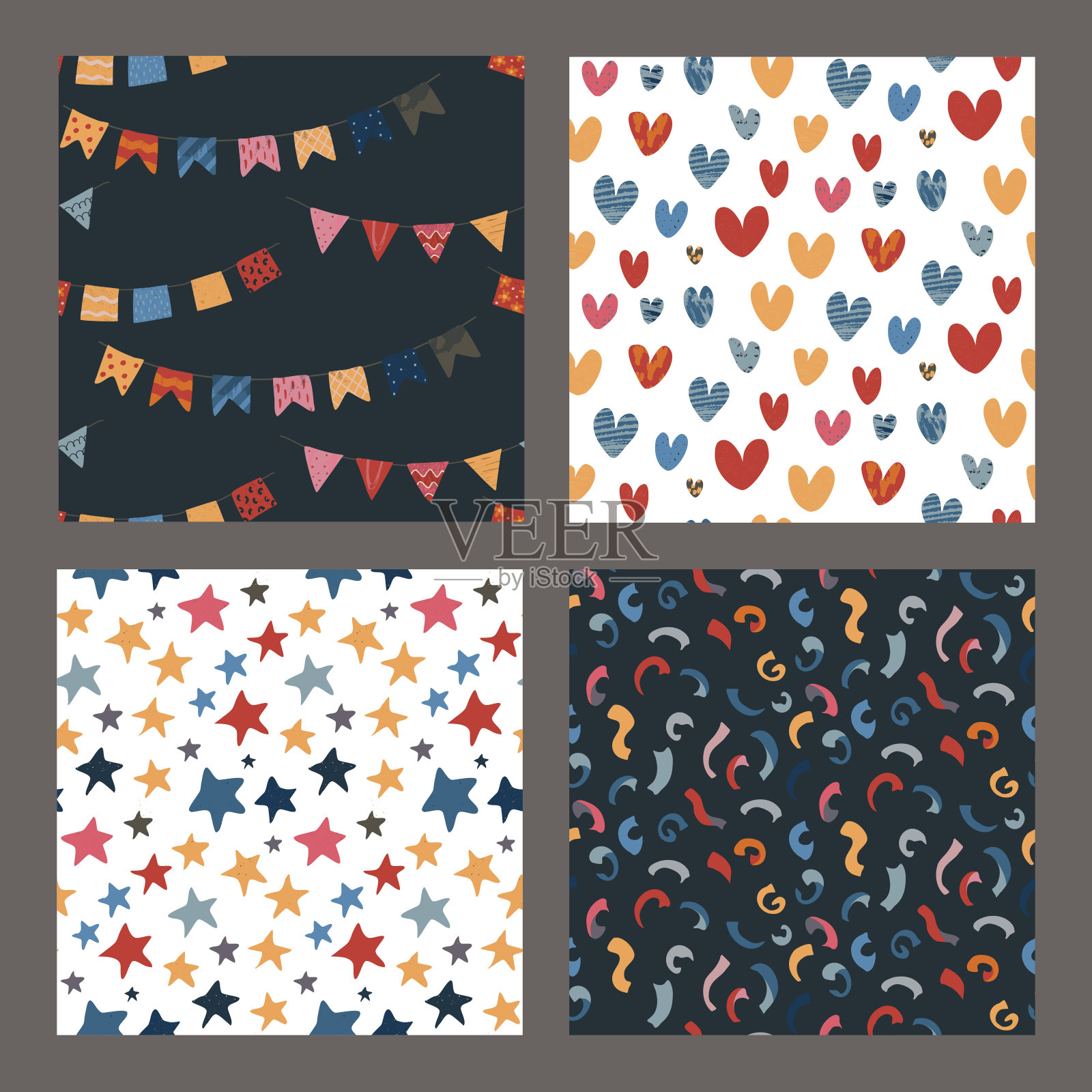 收集矢量五彩抽象节日无缝图案。星星，国旗花环，五彩纸屑，手绘心形图案。插画图片素材