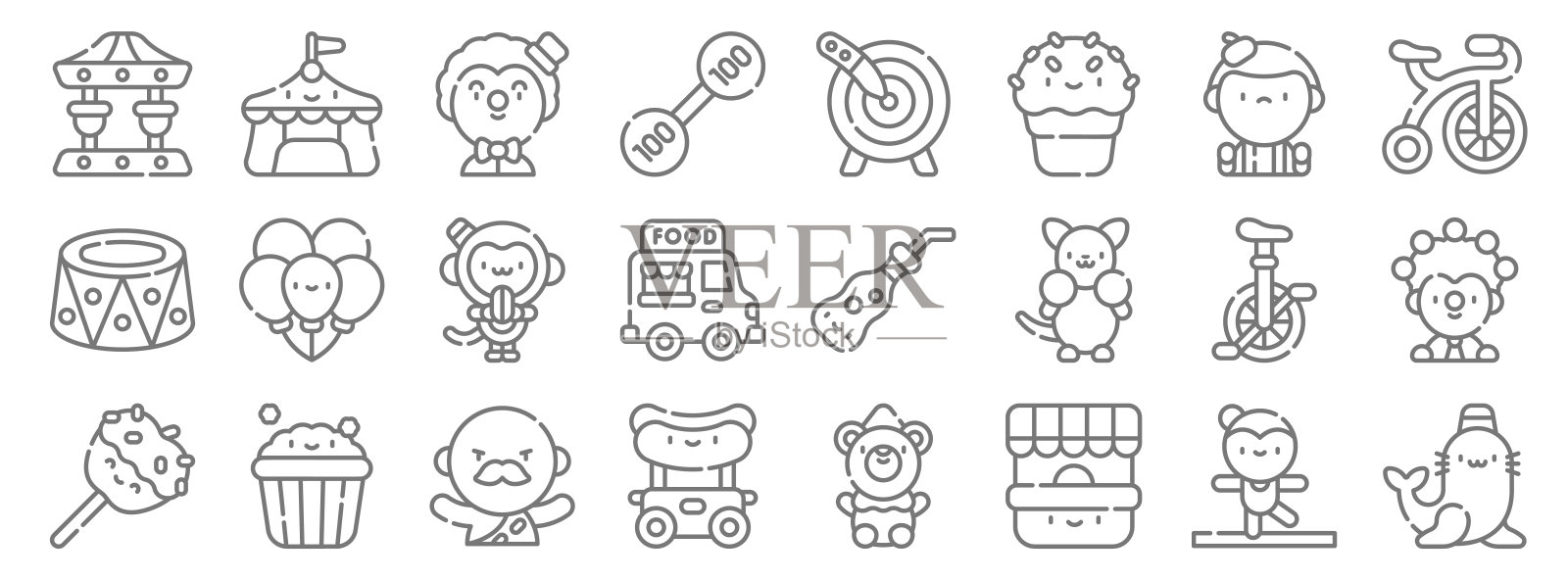 马戏团行图标。线性集。质量矢量线集如印章、售票处、热狗、焦糖苹果、单车、猴子、自行车、扔刀、马戏团帐篷等图标素材