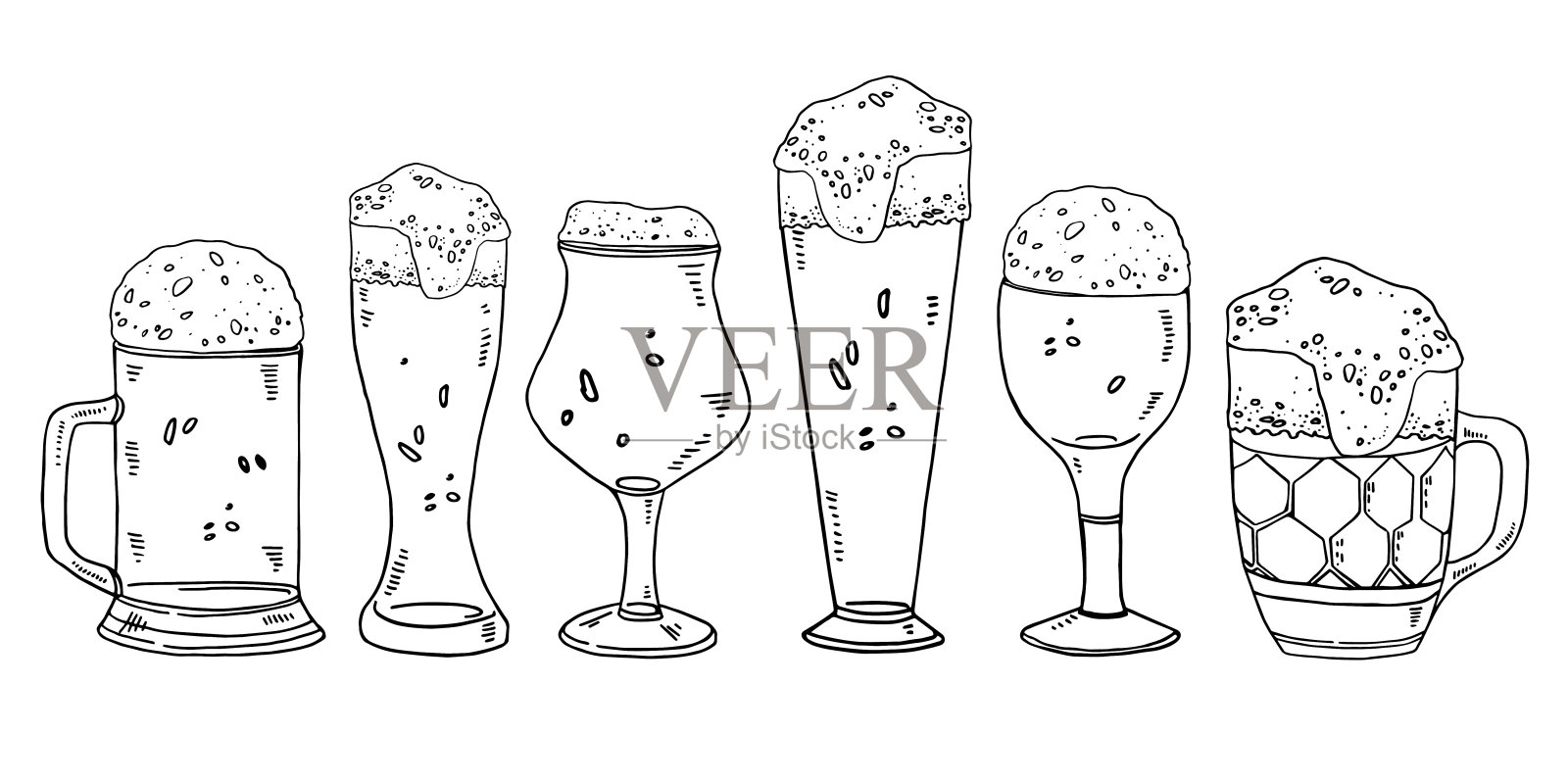 一套不同的啤酒杯和杯子与泡沫。手绘轮廓矢量草图孤立的插图插画图片素材
