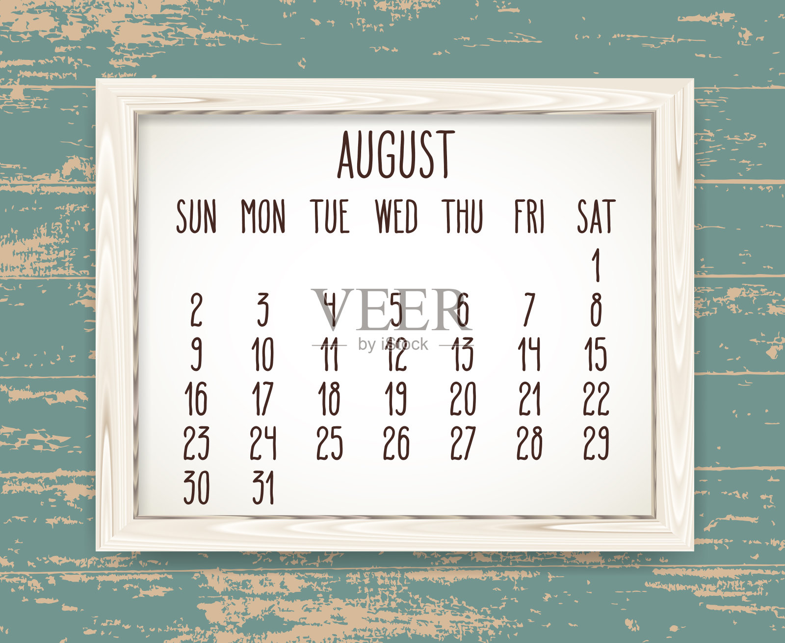2020年8月月历在木框内设计模板素材