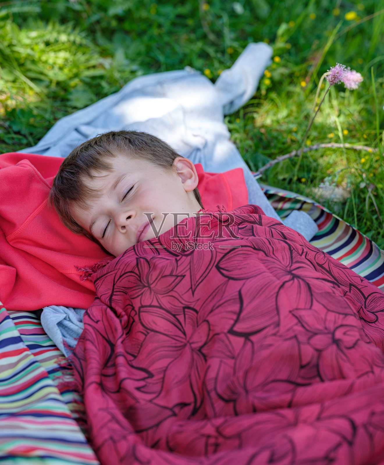 在草地上睡觉的孩子照片摄影图片