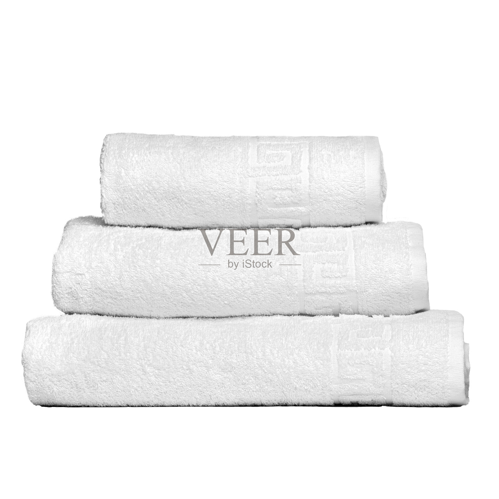 3 . frotte毛巾白色，卧室毛巾白色背景。彩色的白色浴巾孤立在白色。堆栈的白毛巾。单独堆放彩色毛巾。三条同色的棉质毛巾叠在一起照片摄影图片