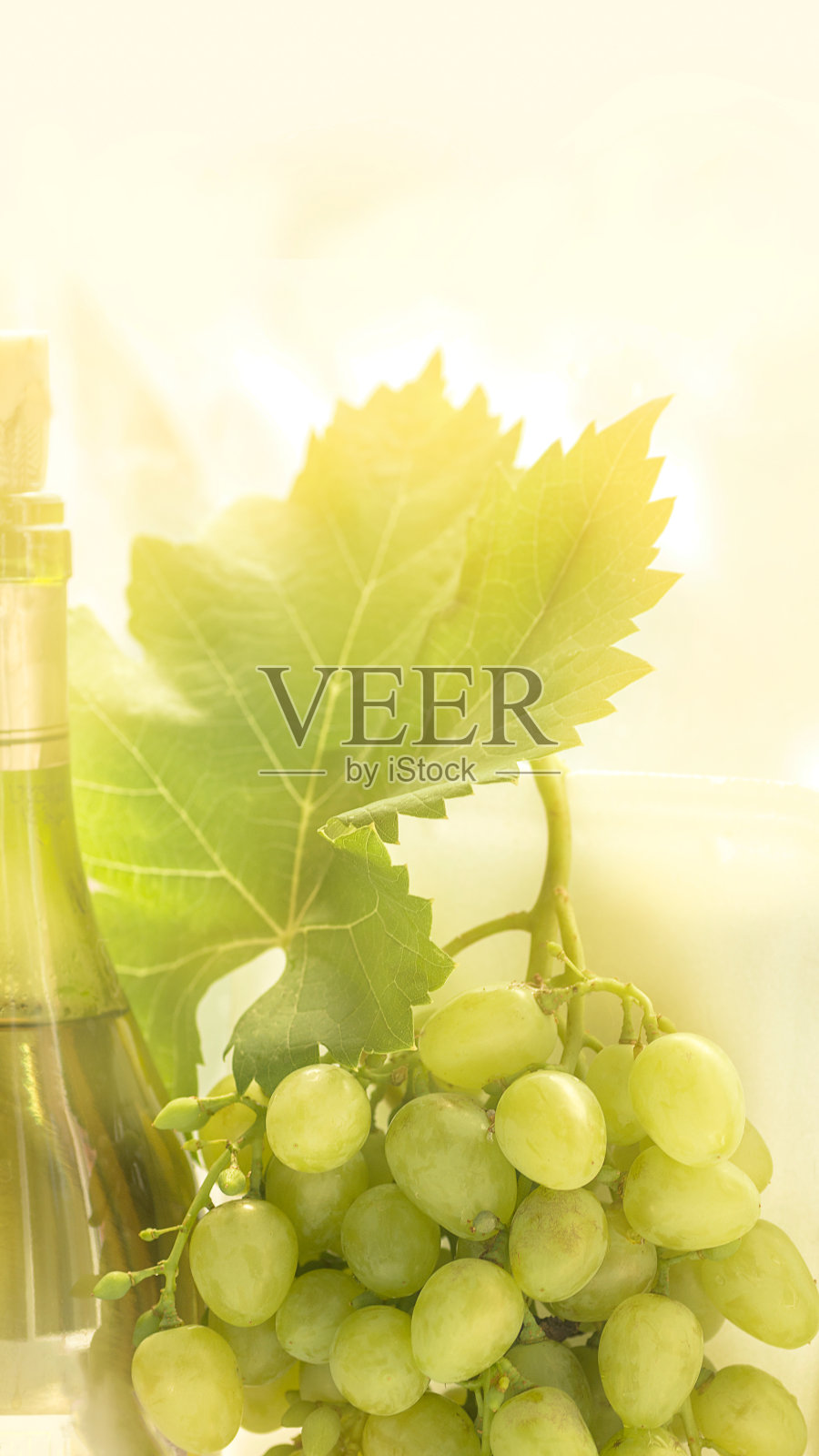 背景是一串葡萄和一瓶葡萄酒在温暖的颜色，被太阳照亮照片摄影图片