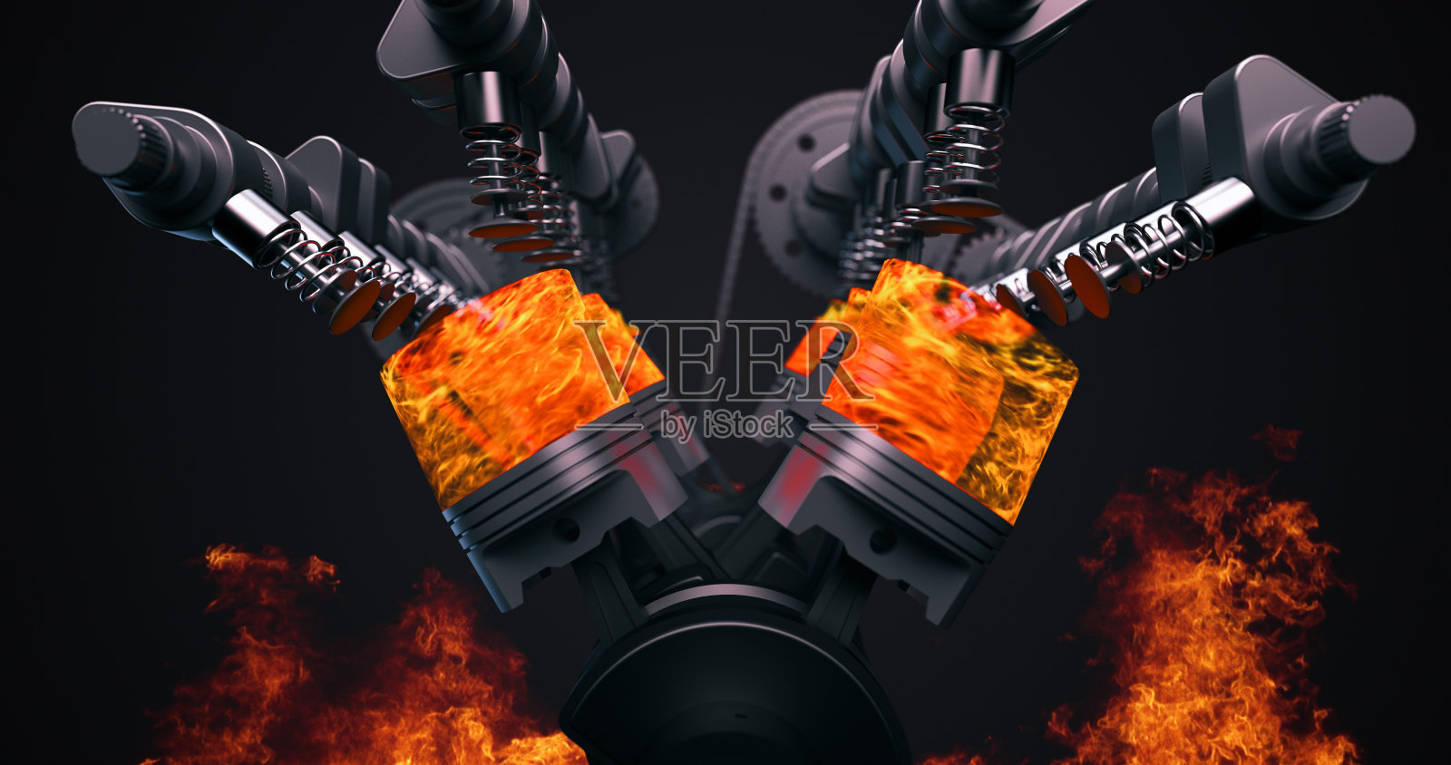 强大的V8引擎在运动。点火和爆炸，3D渲染照片摄影图片