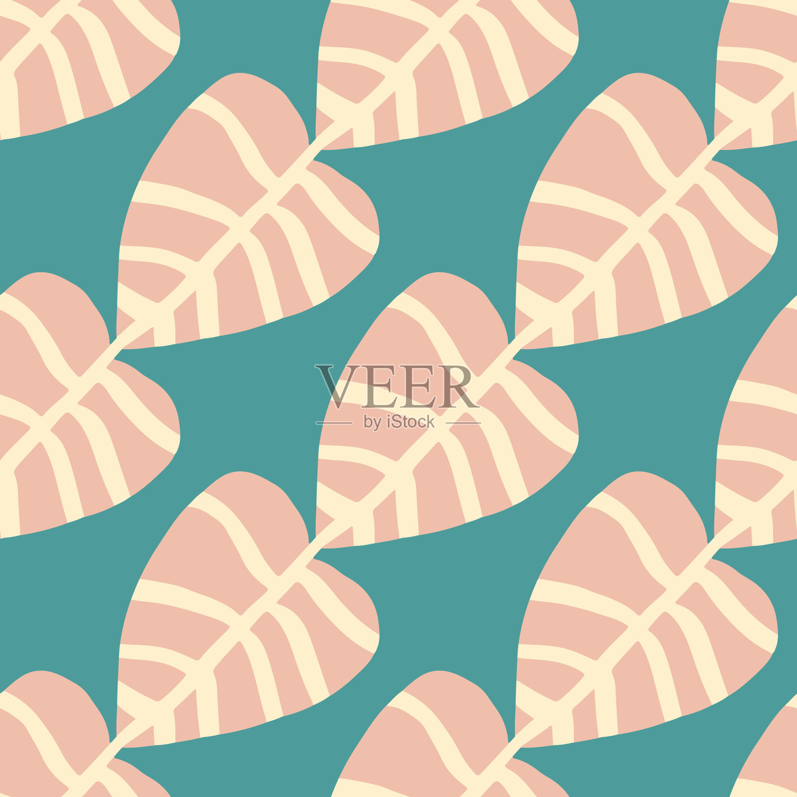 几何平坦的叶子无缝图案在绿色背景上。植物的背景。树叶向量壁纸。插画图片素材