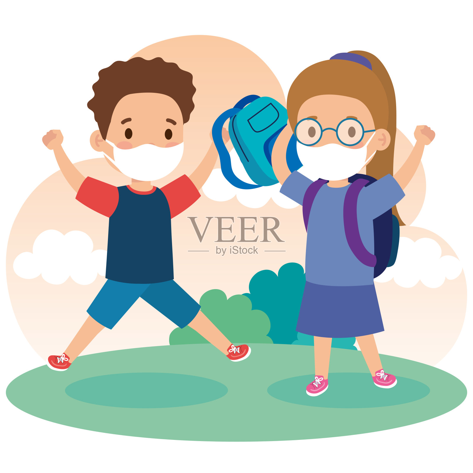 可爱的小朋友戴着医用口罩，用书包预防冠状病毒感染，小朋友戴着防护医用口罩插画图片素材