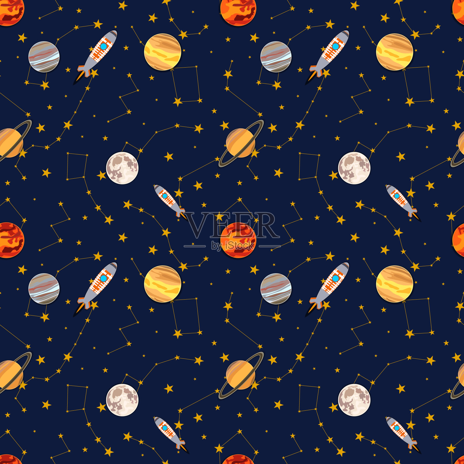 矢量无缝图案，空间彩色插图，星座和行星，飞船摇椅，卡通图形背景。插画图片素材