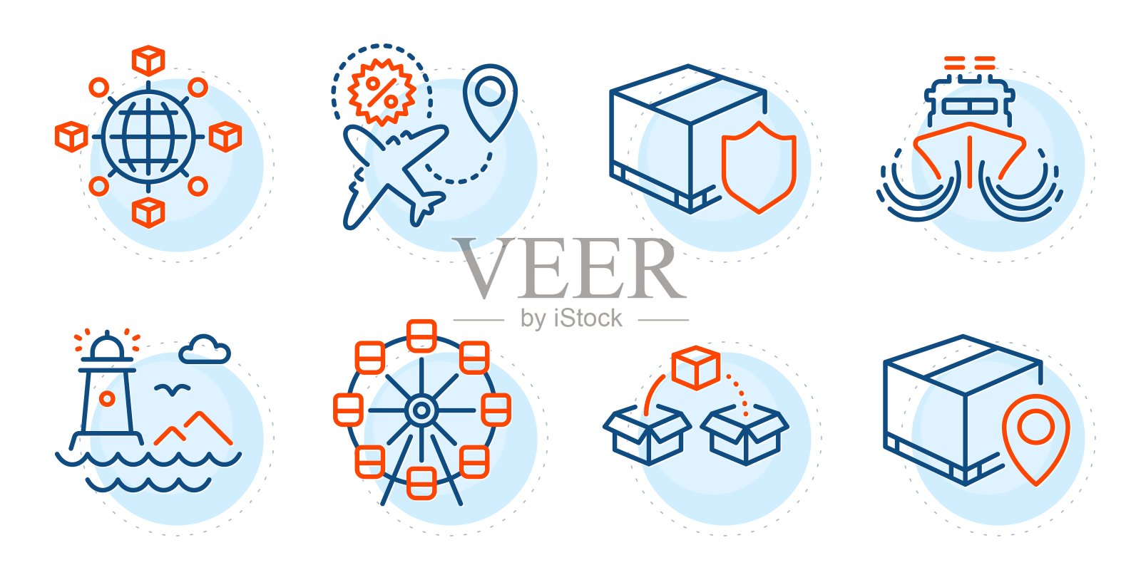 快递保险，航班销售和物流网络图标集。船舶、包裹跟踪和灯塔标志。向量插画图片素材