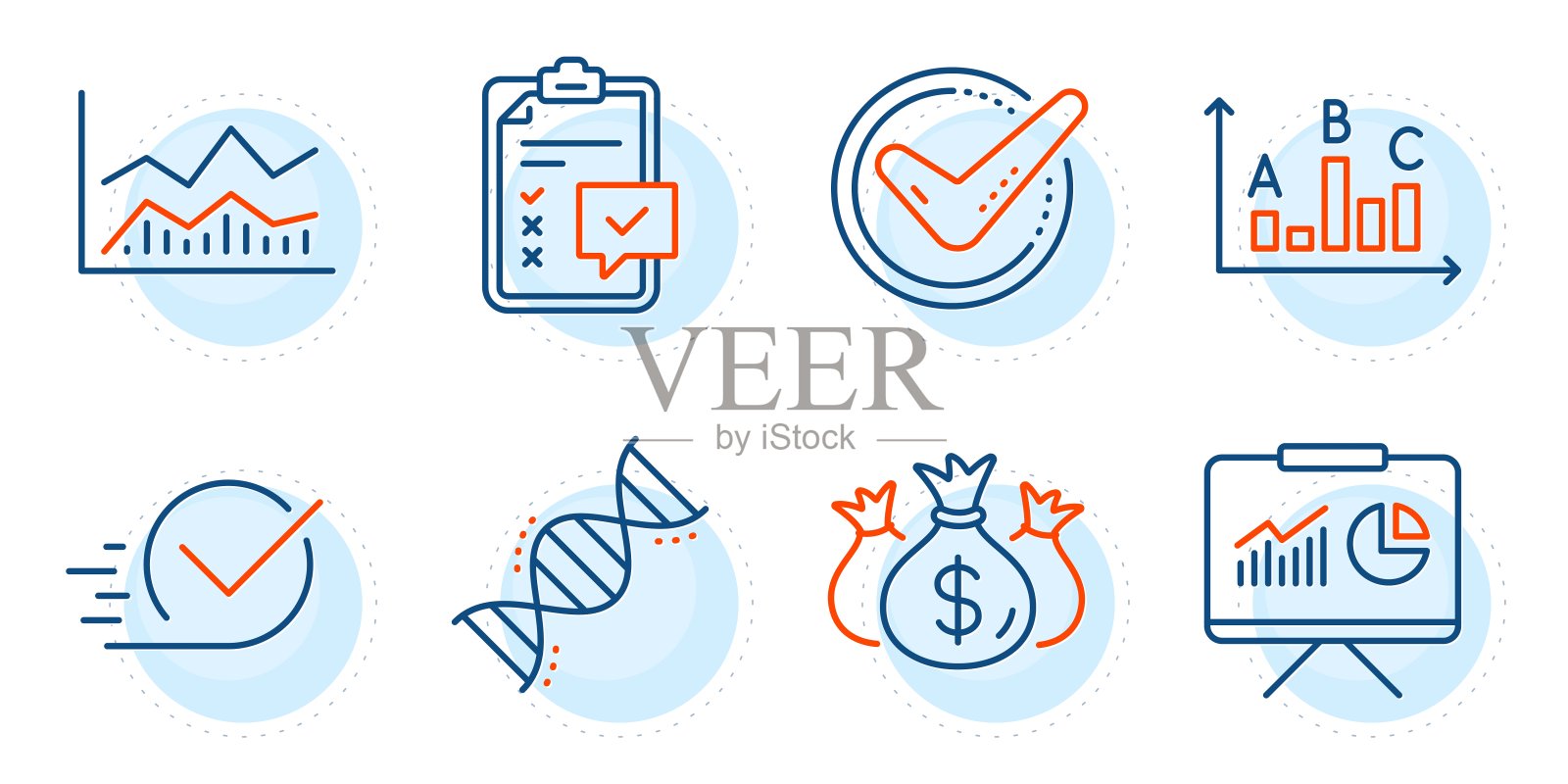 调查结果，贸易信息图和确认图标集。检查，介绍和检查投资标志。向量插画图片素材