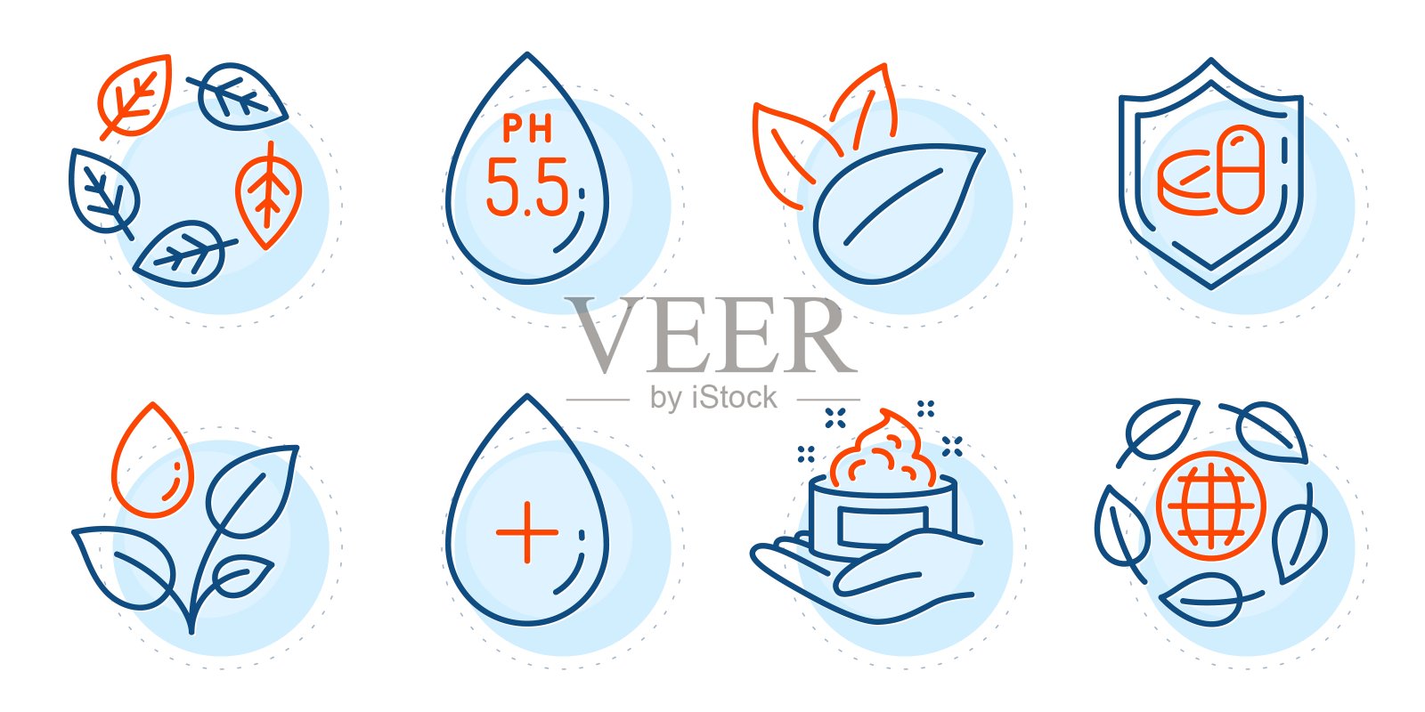 油血清，生态有机和植物浇灌图标集。医用药片，有机产品和Ph中性标志。向量插画图片素材