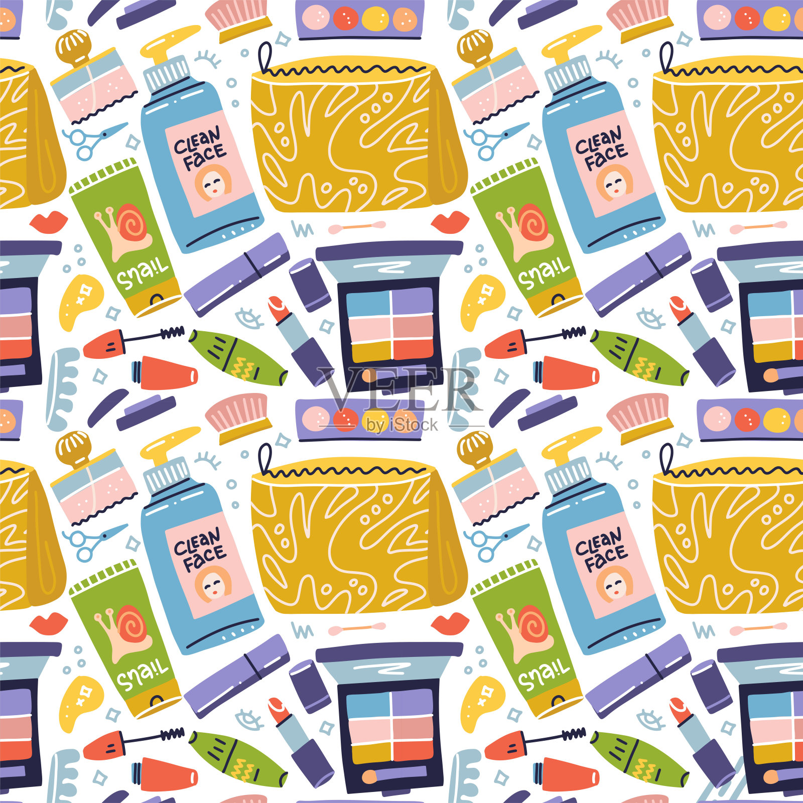 美妆彩妆现代可爱时尚多彩无缝图案白色背景与护肤彩妆图标。矢量平面手绘图标插图插画图片素材