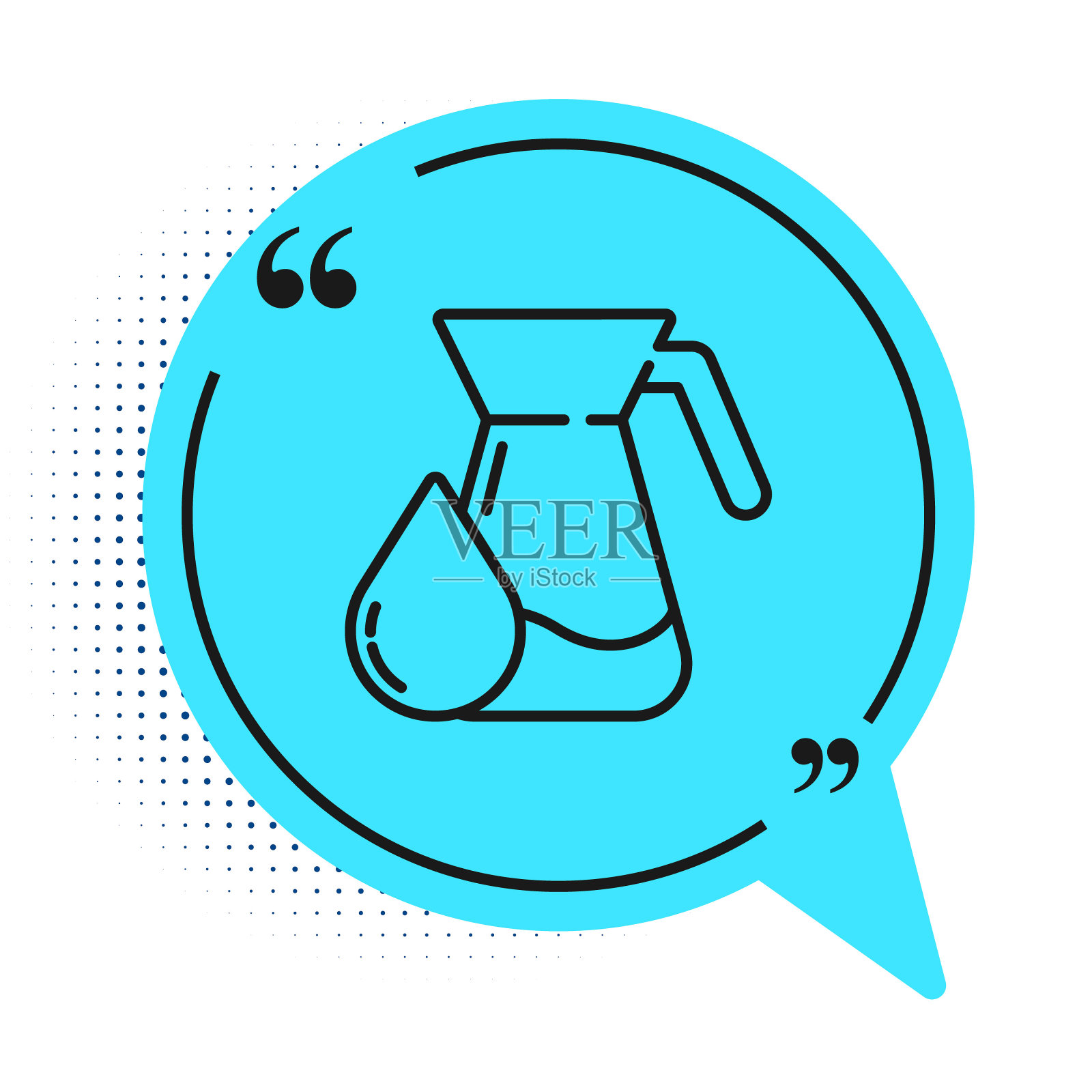 黑线水壶玻璃与水图标孤立在白色背景。水壶的水。装有饮用水的玻璃瓶。蓝色语音气泡符号。矢量图插画图片素材