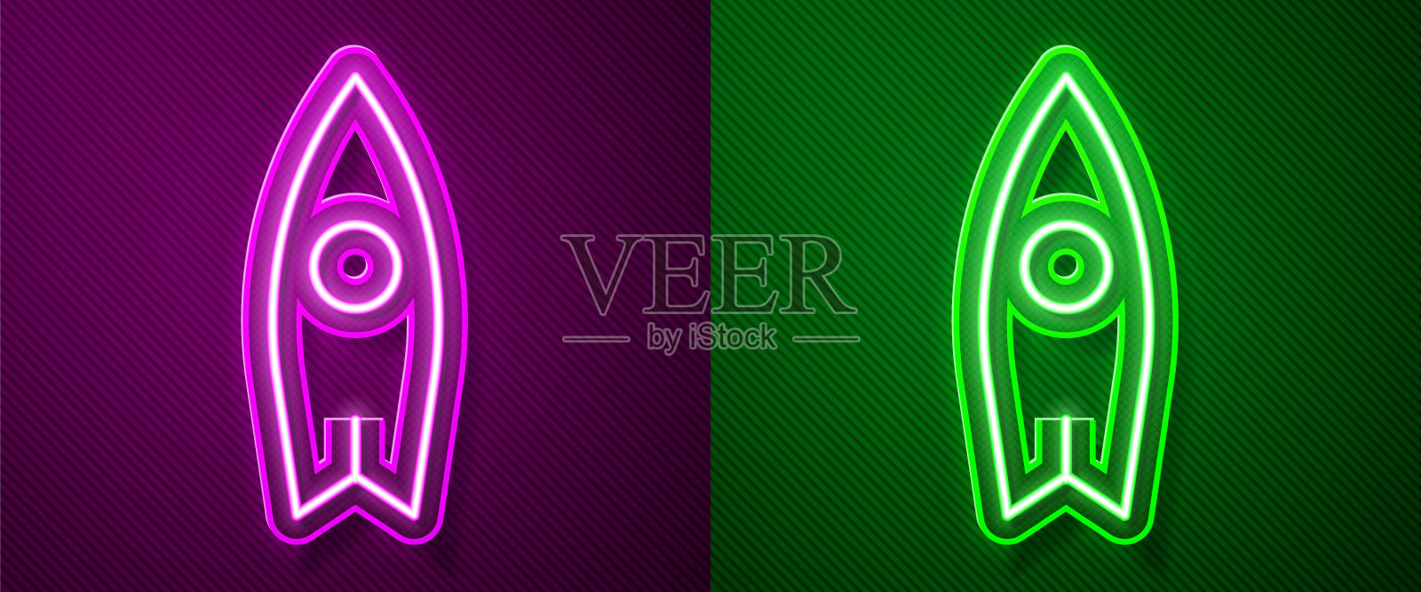 发光的霓虹灯线冲浪板图标隔离在紫色和绿色的背景。冲浪板。极限运动。运动设备。矢量图插画图片素材