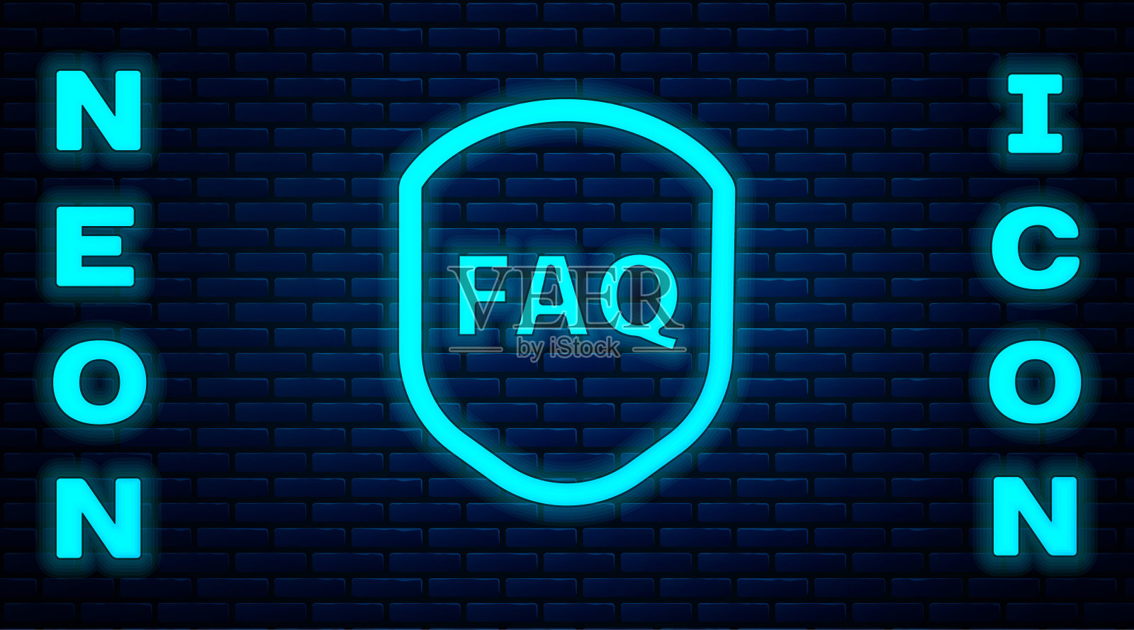 发光的霓虹灯盾与文本FAQ信息图标隔离在砖墙的背景。警卫队的迹象。安全、安全、保护、隐私的理念。矢量图插画图片素材
