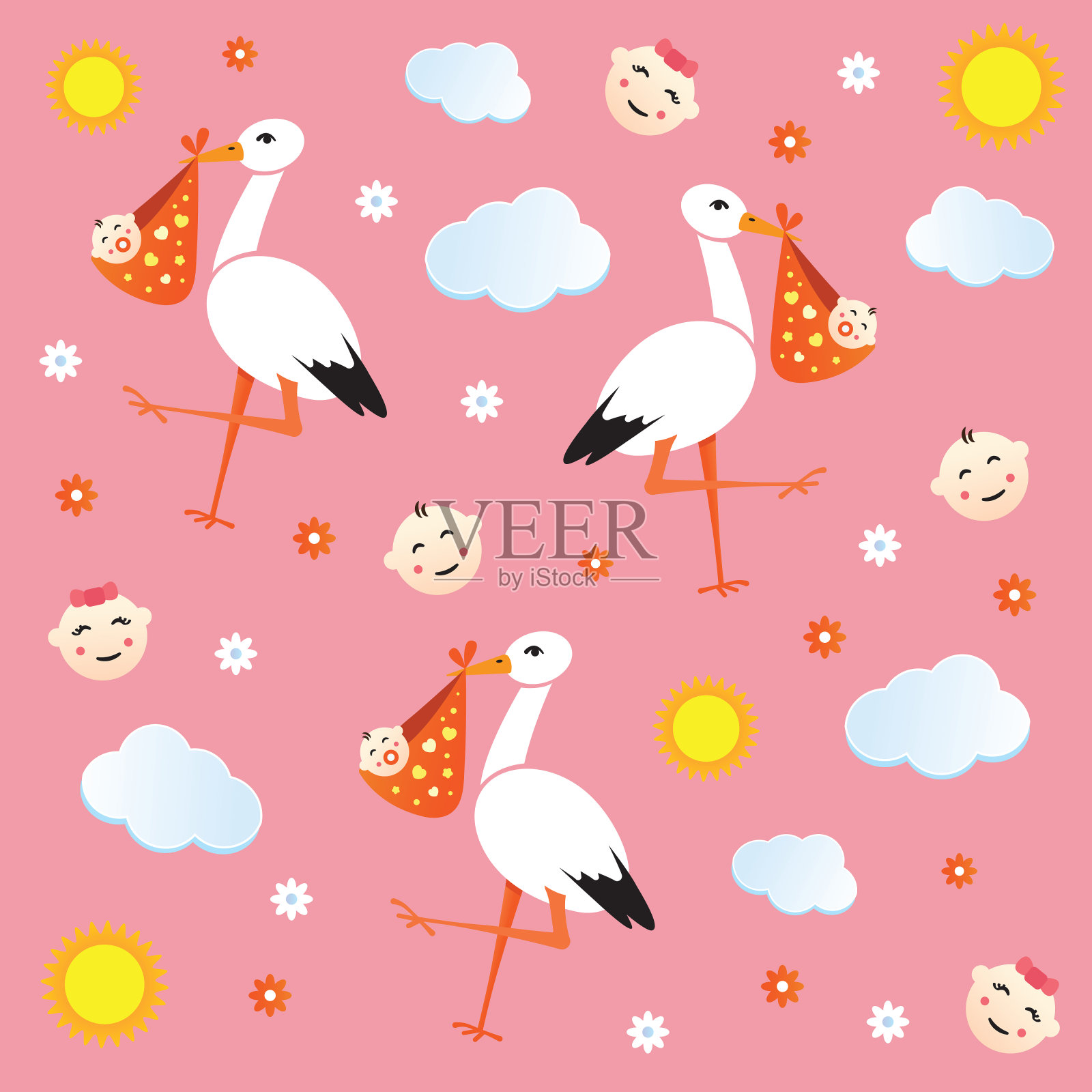 无缝粉色卡通背景与鹳插画图片素材
