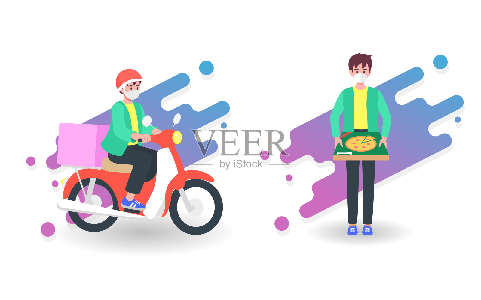 快递员骑摩托车送餐。隔离、疫情暴发、冠状病毒或新冠肺炎大流行情况下的在线服务理念。垃圾食品是安慰食品。插画图片素材