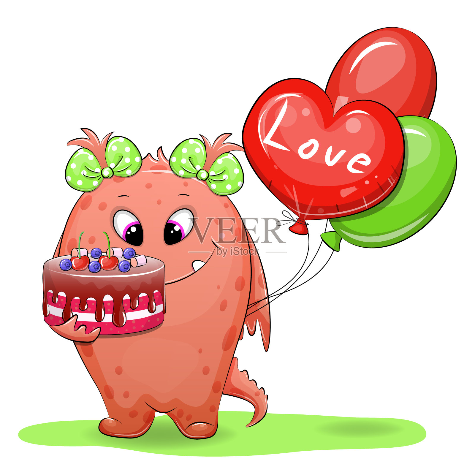 可爱的卡通小怪物女孩与蛋糕和气球。插画图片素材