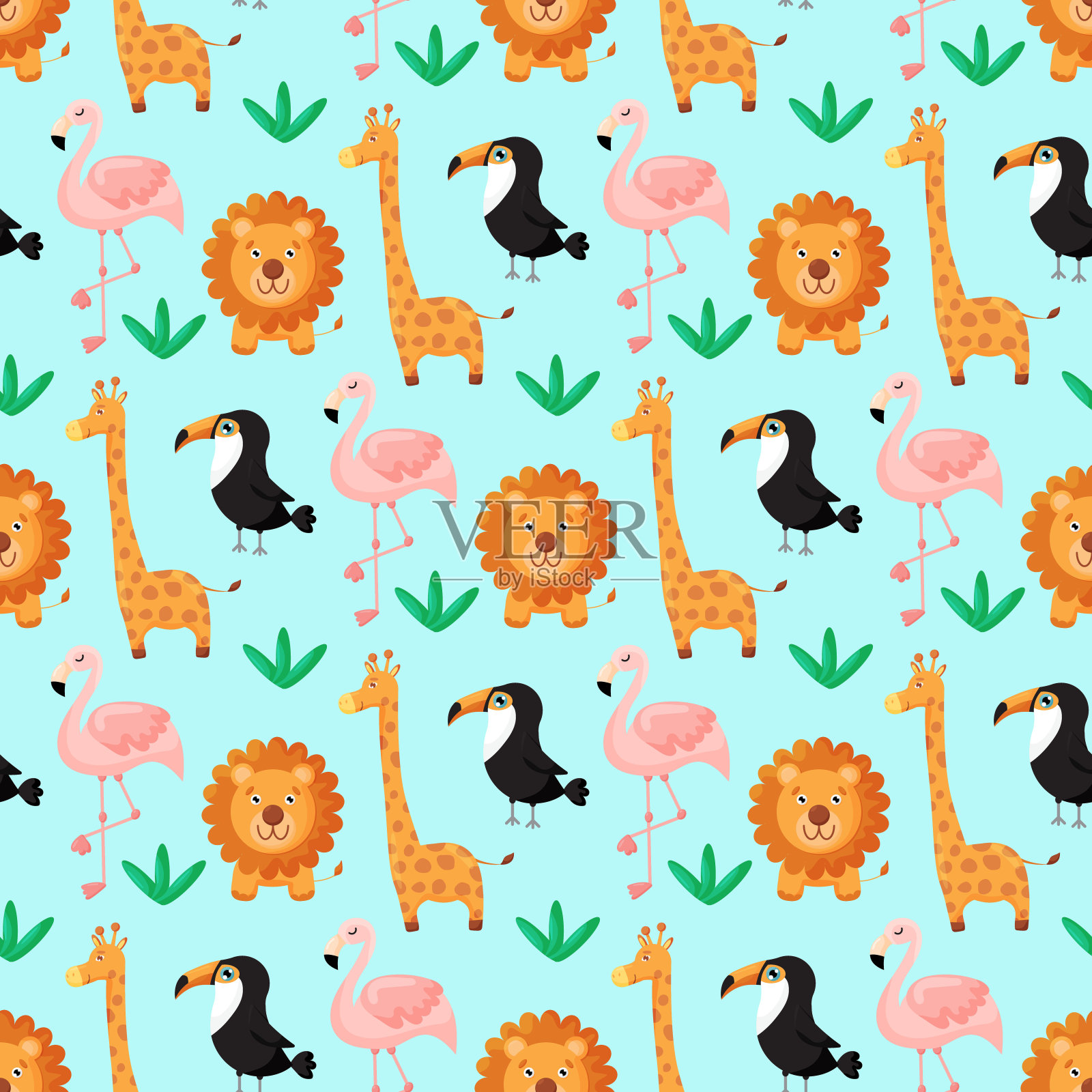 热带无缝图案巨嘴鸟，火烈鸟，狮子，长颈鹿和异国情调的叶子。矢量图插画图片素材