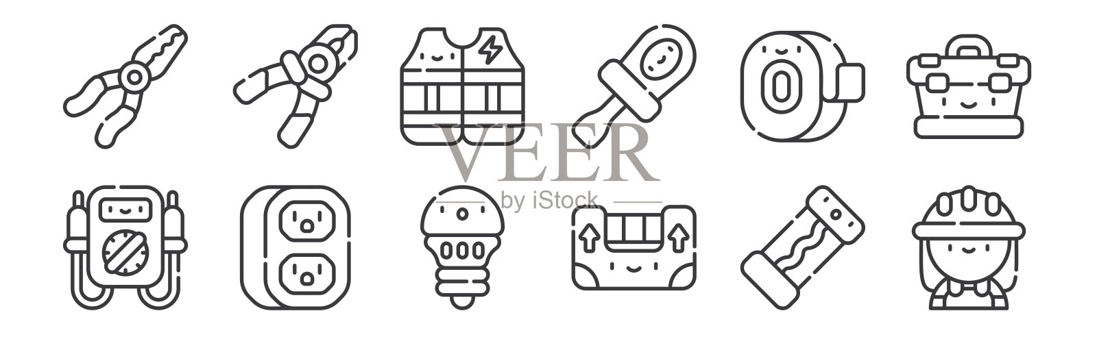 12套线性电工工具和元素图标。细轮廓图标，如电工，水平，电力，卷尺，背心，钢丝钳，移动。图标素材