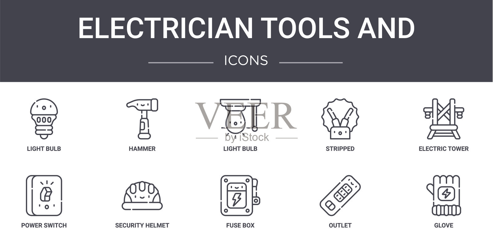 电工工具和概念线图标集。包含图标可用于web，标志，ui/ux，如锤子，剥离，电源开关，保险丝盒，插座，手套，电塔，灯泡图标素材