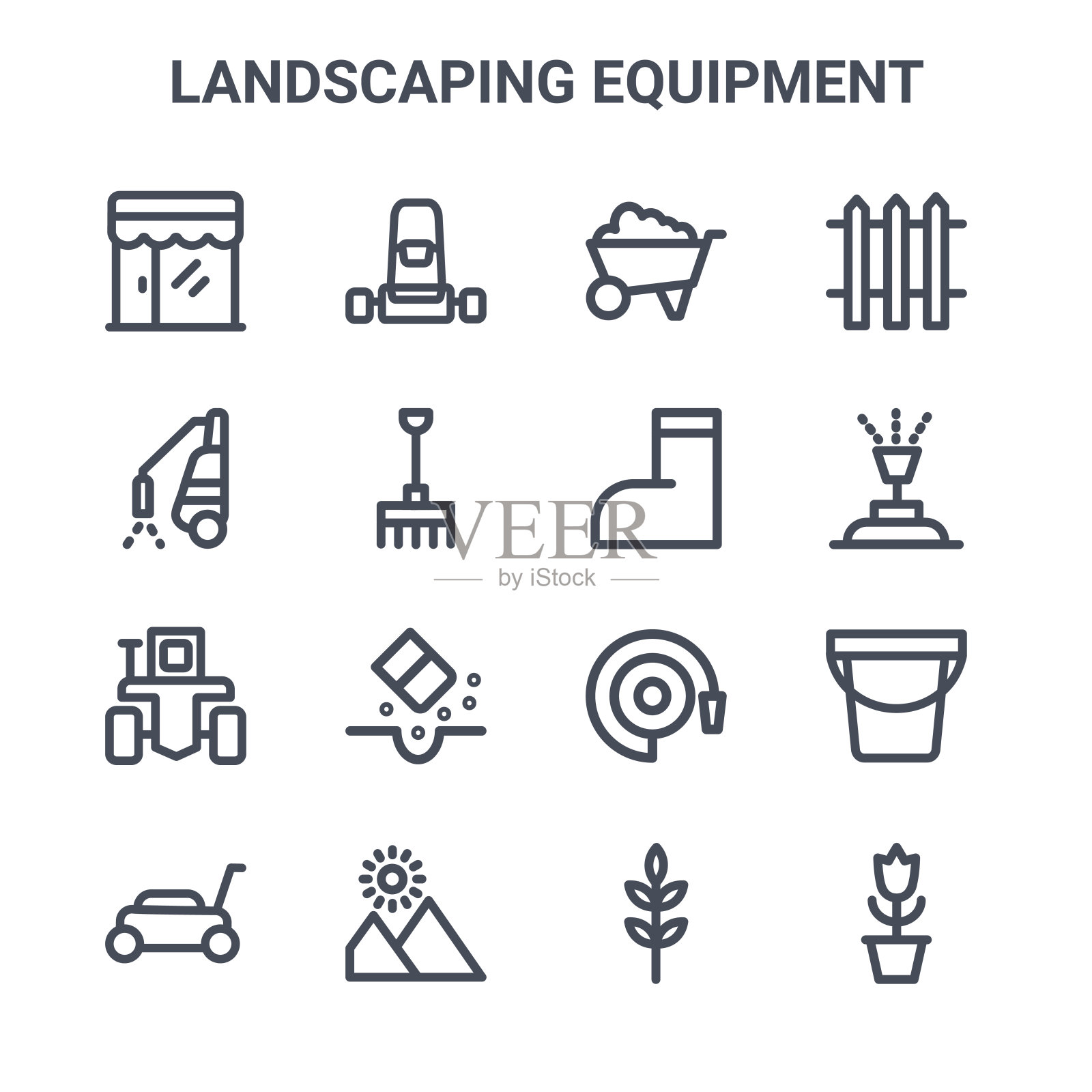 一组16景观美化设备概念向量线图标。64x64细描图标，如割草机，洒水车，洒水车，水管，景观，花，大麦，胶靴，栅栏插画图片素材