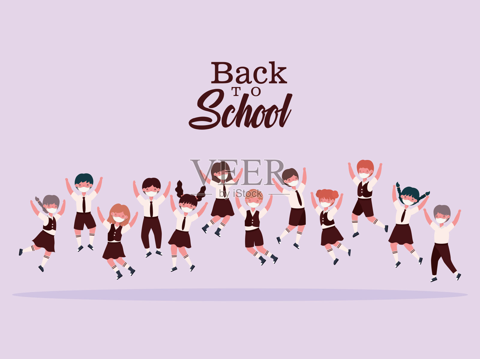 女孩和男孩的孩子们穿着制服和医用口罩跳跃矢量设计插画图片素材