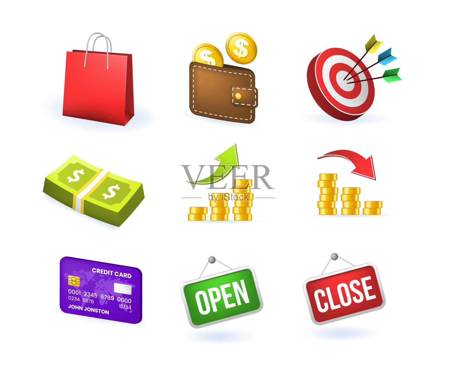 一套逼真的可爱的商业图标在白色的背景。孤立的矢量图插画图片素材