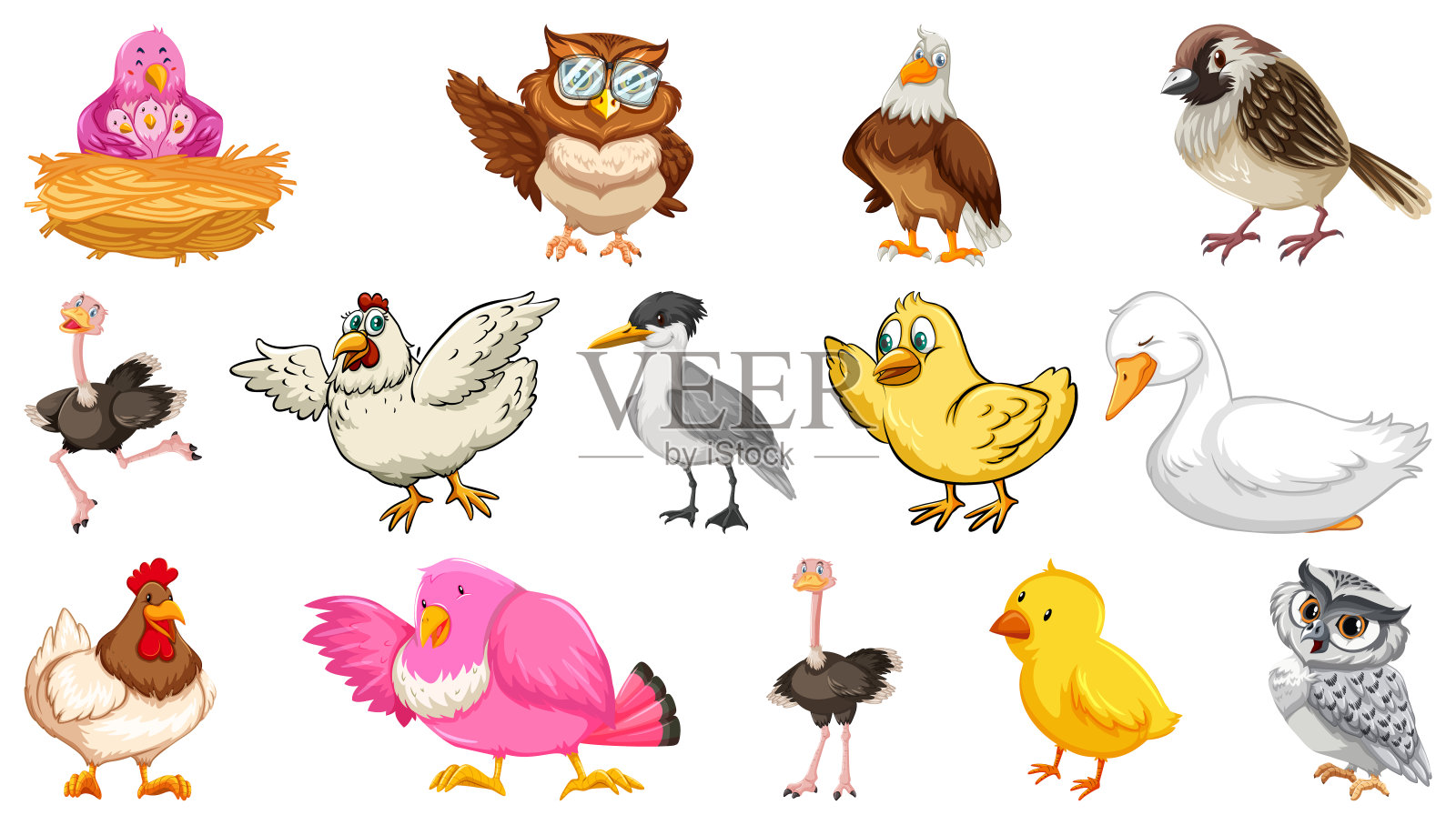不同的鸟卡通风格孤立在白色的背景设计元素图片