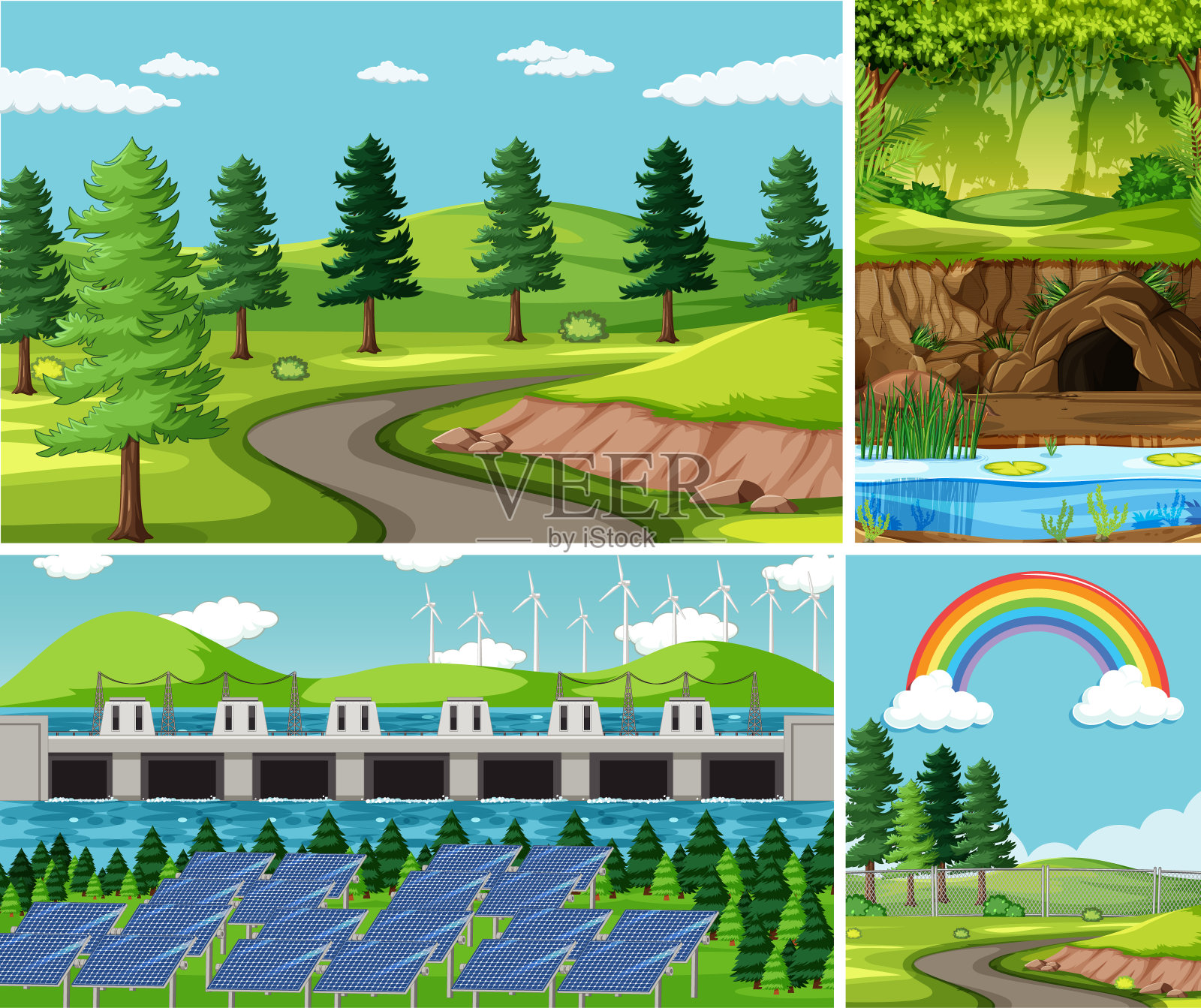 四个不同的场景在自然背景卡通风格插画图片素材