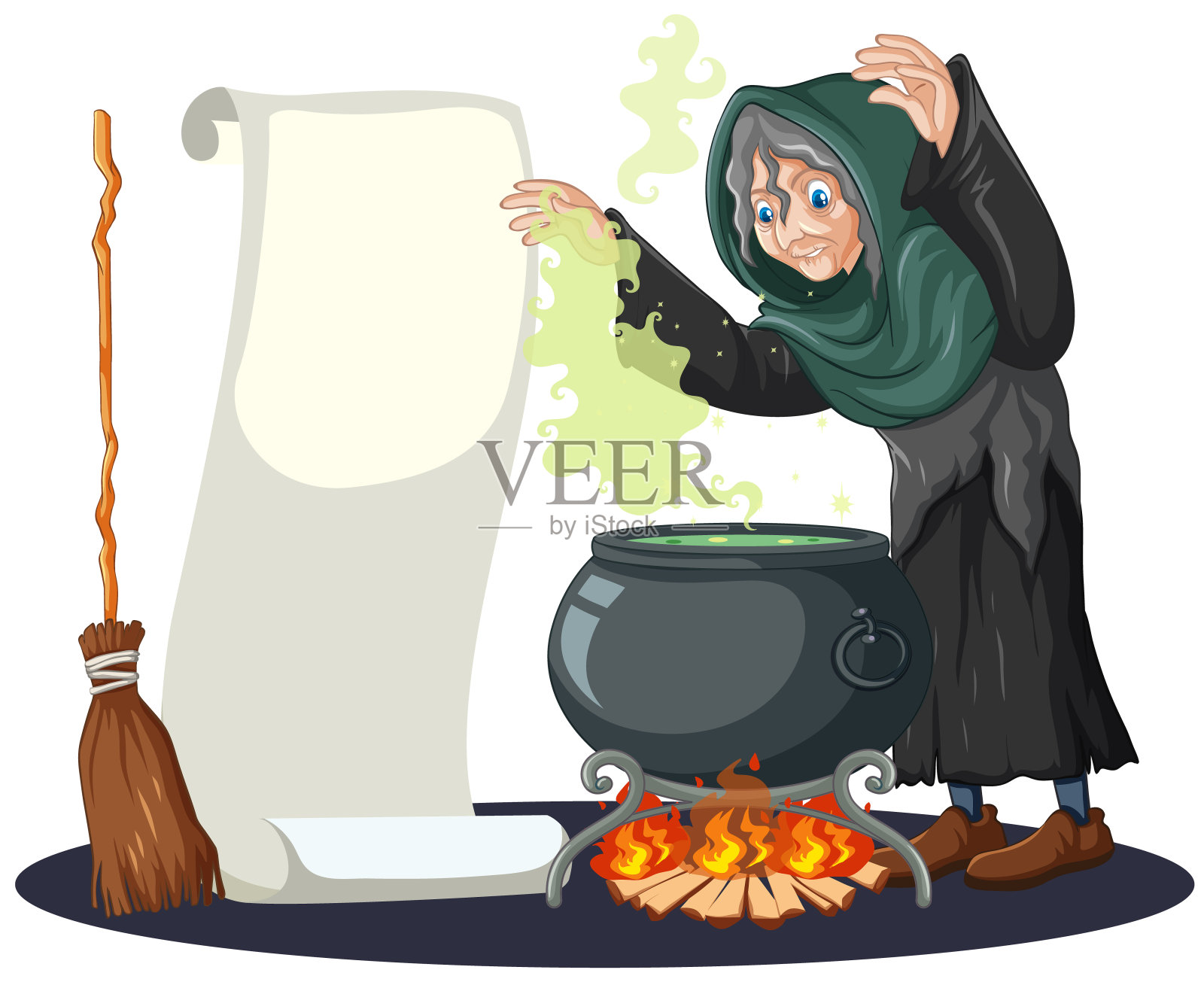 老巫婆与黑色魔法壶和扫帚和空白横幅纸卡通风格孤立在白色的背景插画图片素材