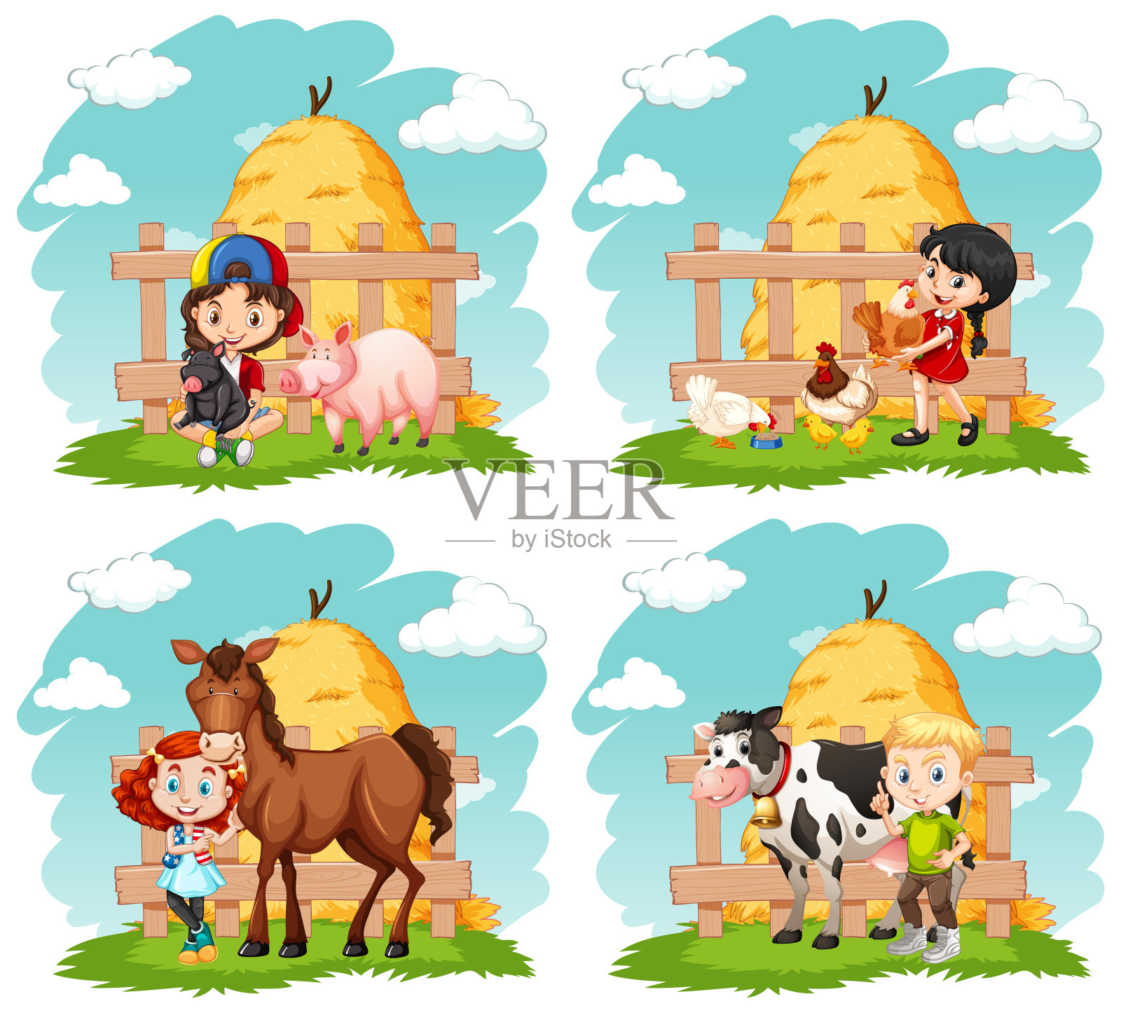 快乐的孩子和农场里的动物们插画图片素材