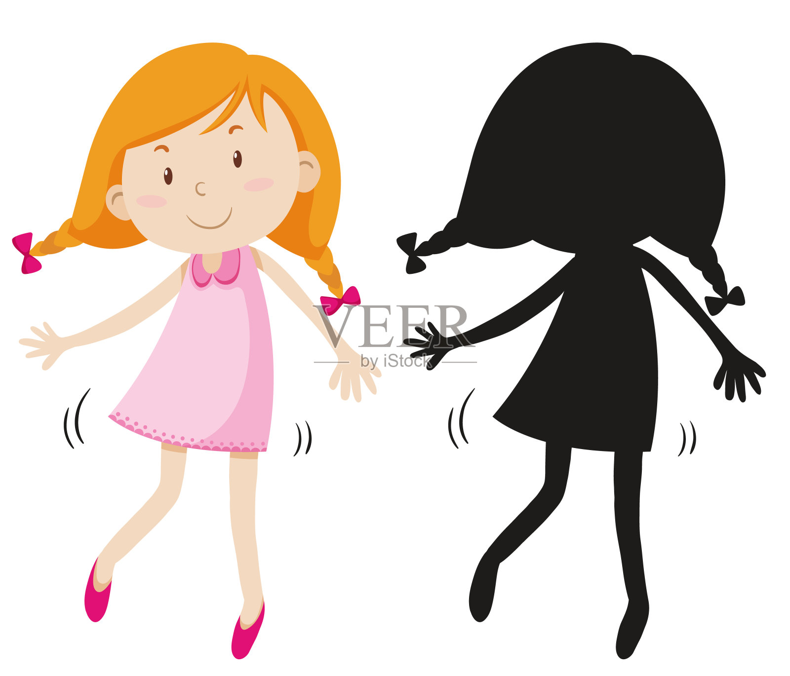 快乐的女孩穿着可爱的裙子与它的轮廓设计元素图片