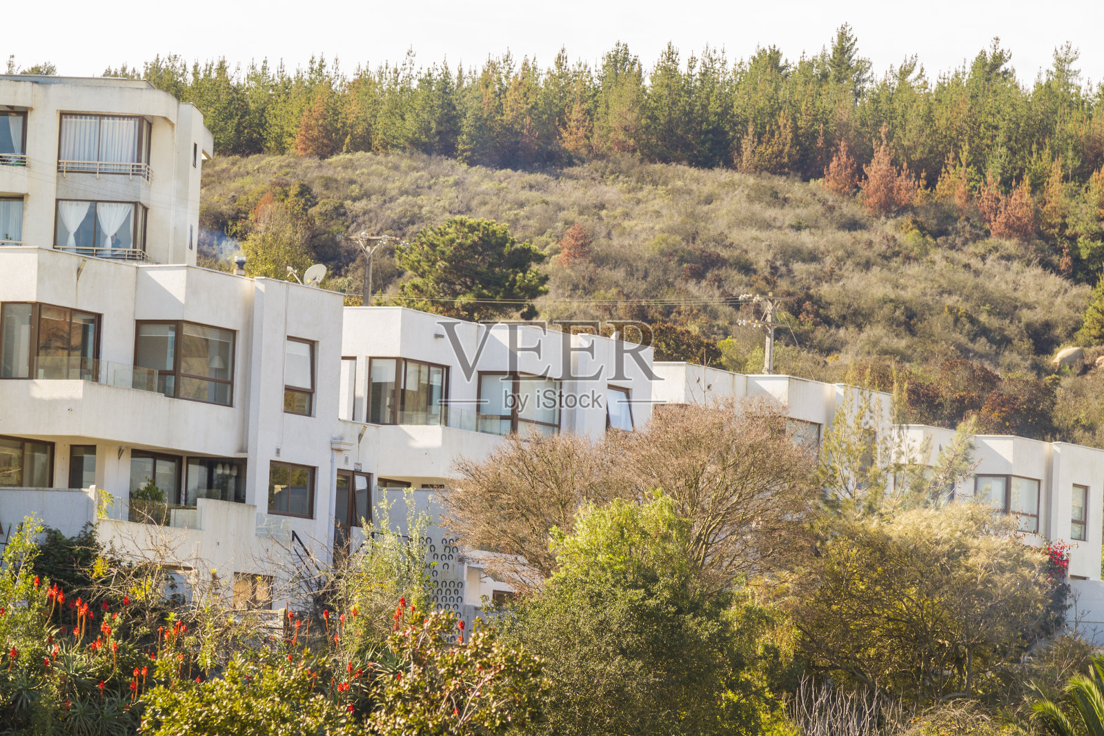 外立面的房子和部门在山上照片摄影图片