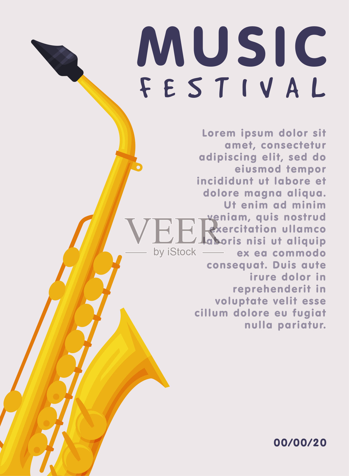 音乐节横幅与萨克斯乐器和文字的地方，广告海报，宣传册，传单，邀请卡矢量插图设计模板素材