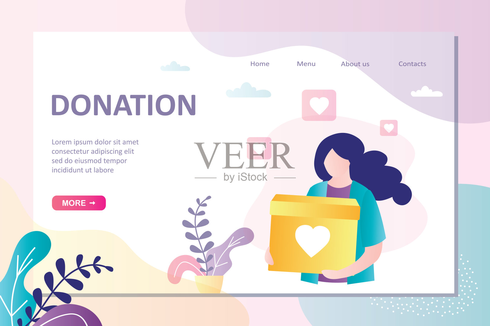 捐赠登陆页面模板。女慈善家拿着装满善款的盒子。志愿者为慈善基金筹集资金。插画图片素材