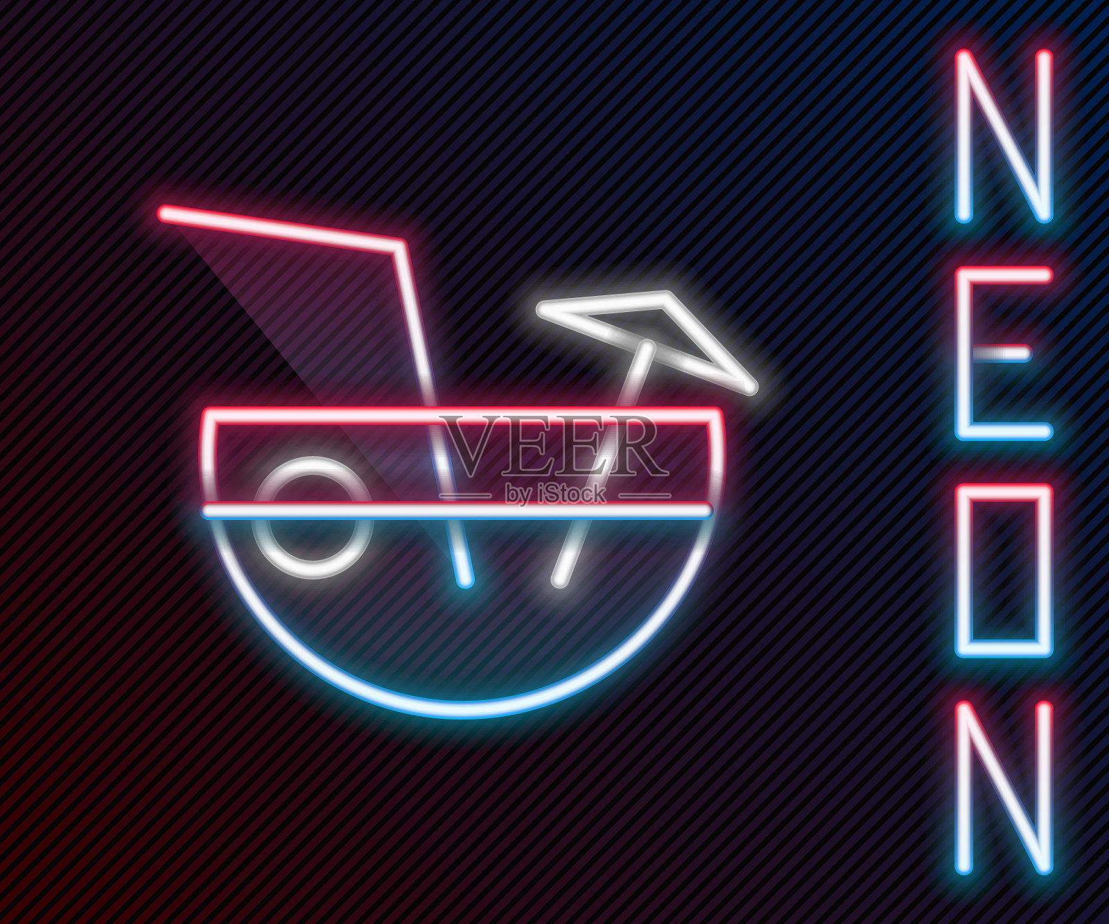 闪烁的霓虹灯线椰子汁异国情调的新鲜鸡尾酒和雨伞图标隔离在黑色背景。彩色轮廓概念。矢量图插画图片素材