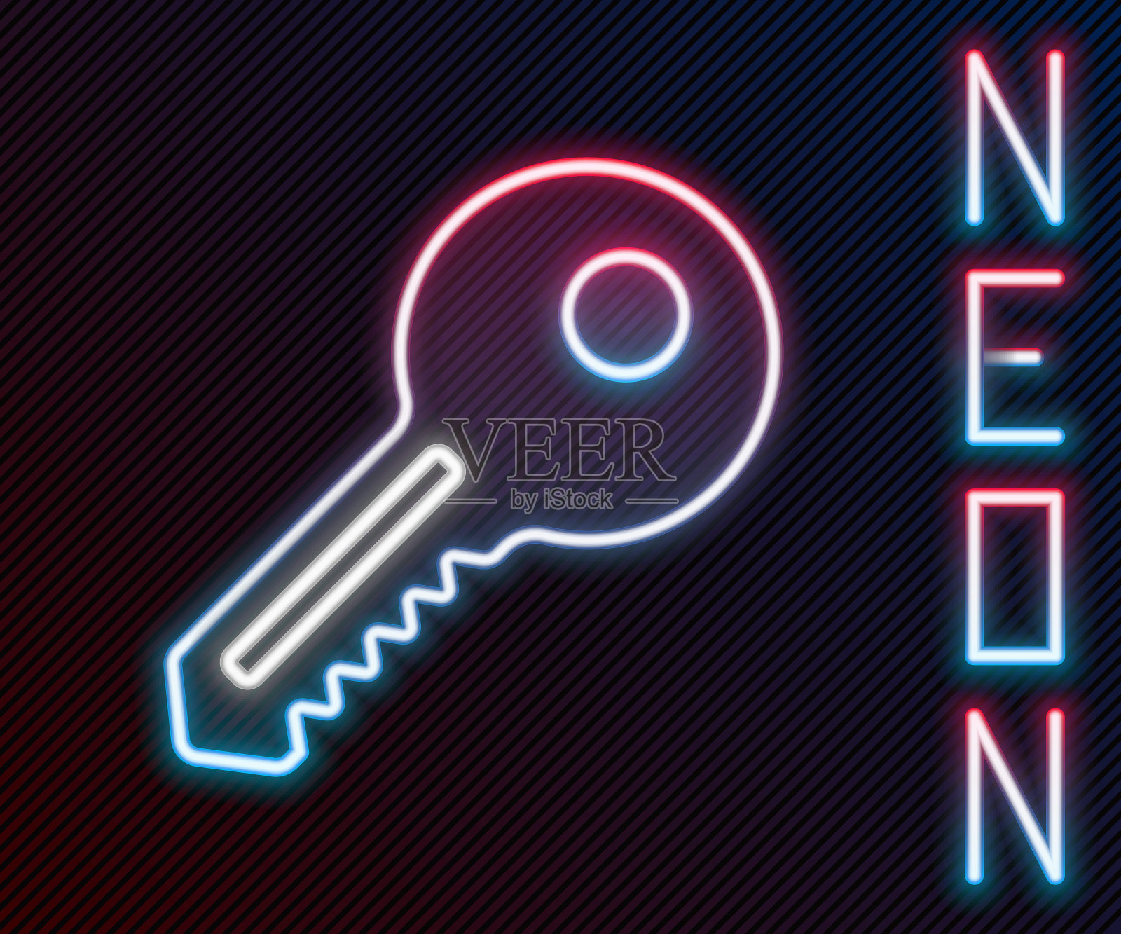 发光的霓虹线关键图标孤立在黑色背景。色彩斑斓的轮廓的概念。矢量图插画图片素材