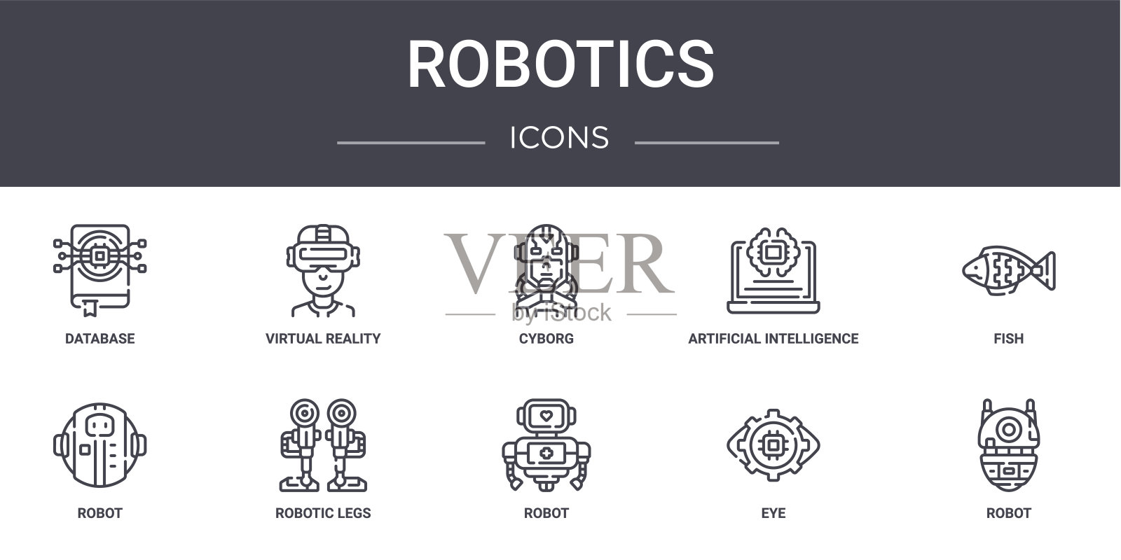 机器人概念线图标集。包含可用于web, logo, ui/ux的图标，如虚拟现实眼镜，人工智能，机器人，机器人，眼睛，机器人，鱼，半机械人插画图片素材